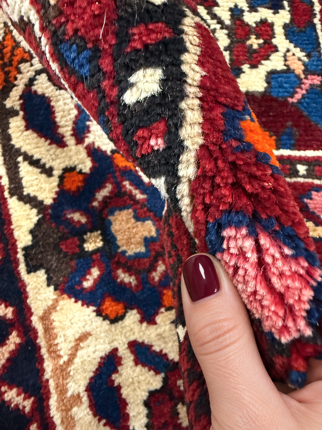 Vintage Chaleshtor Bakhtiari Runner — Floral Garden Panels in Red & Cream. Rug pile and texture detail; SKU RR 32333; source IMG_7603.
