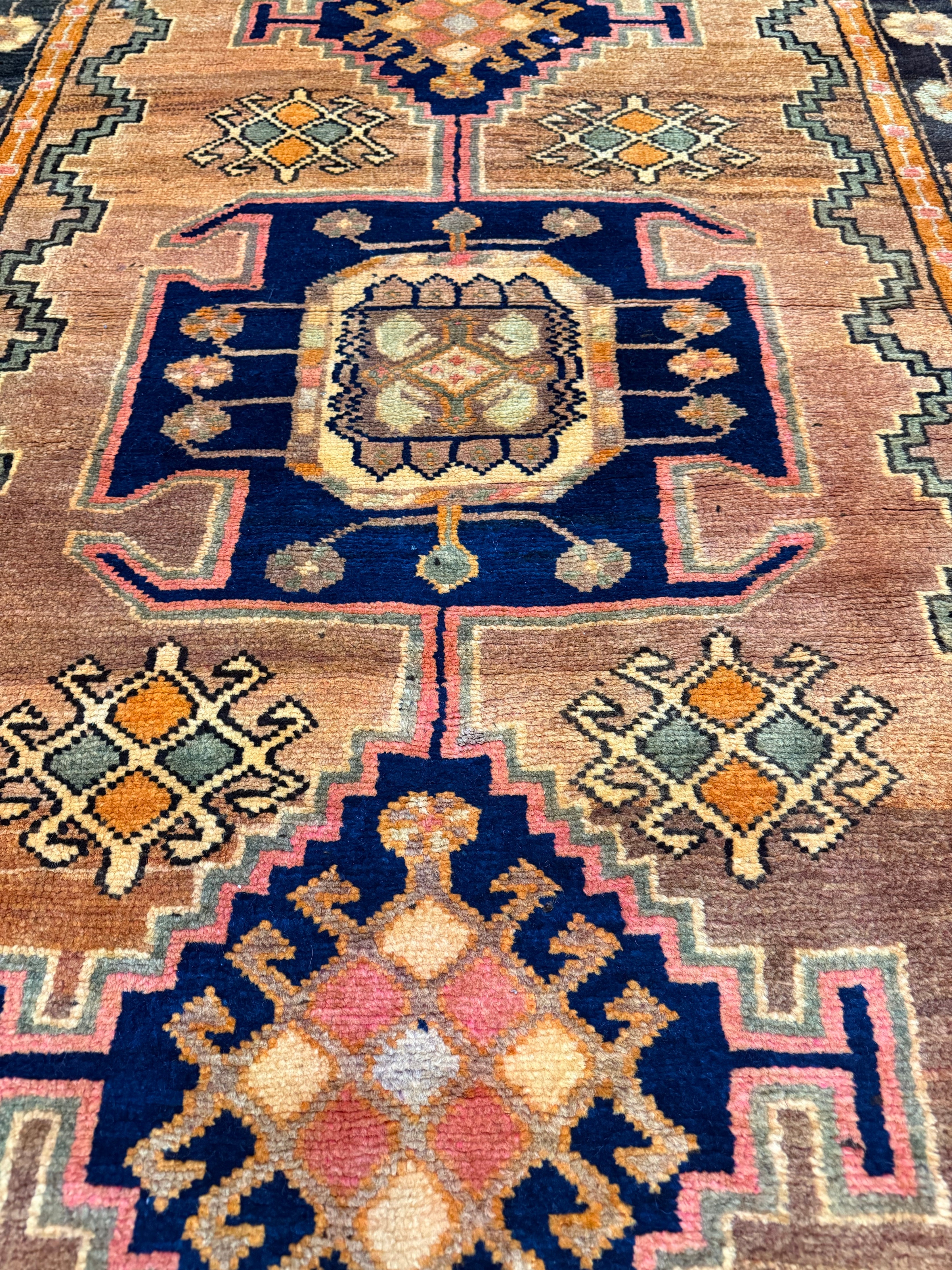 Vintage Luri Rug — Three Angular Medallions on Warm Orange. Original rug photograph; SKU RR32364; source IMG_6948.