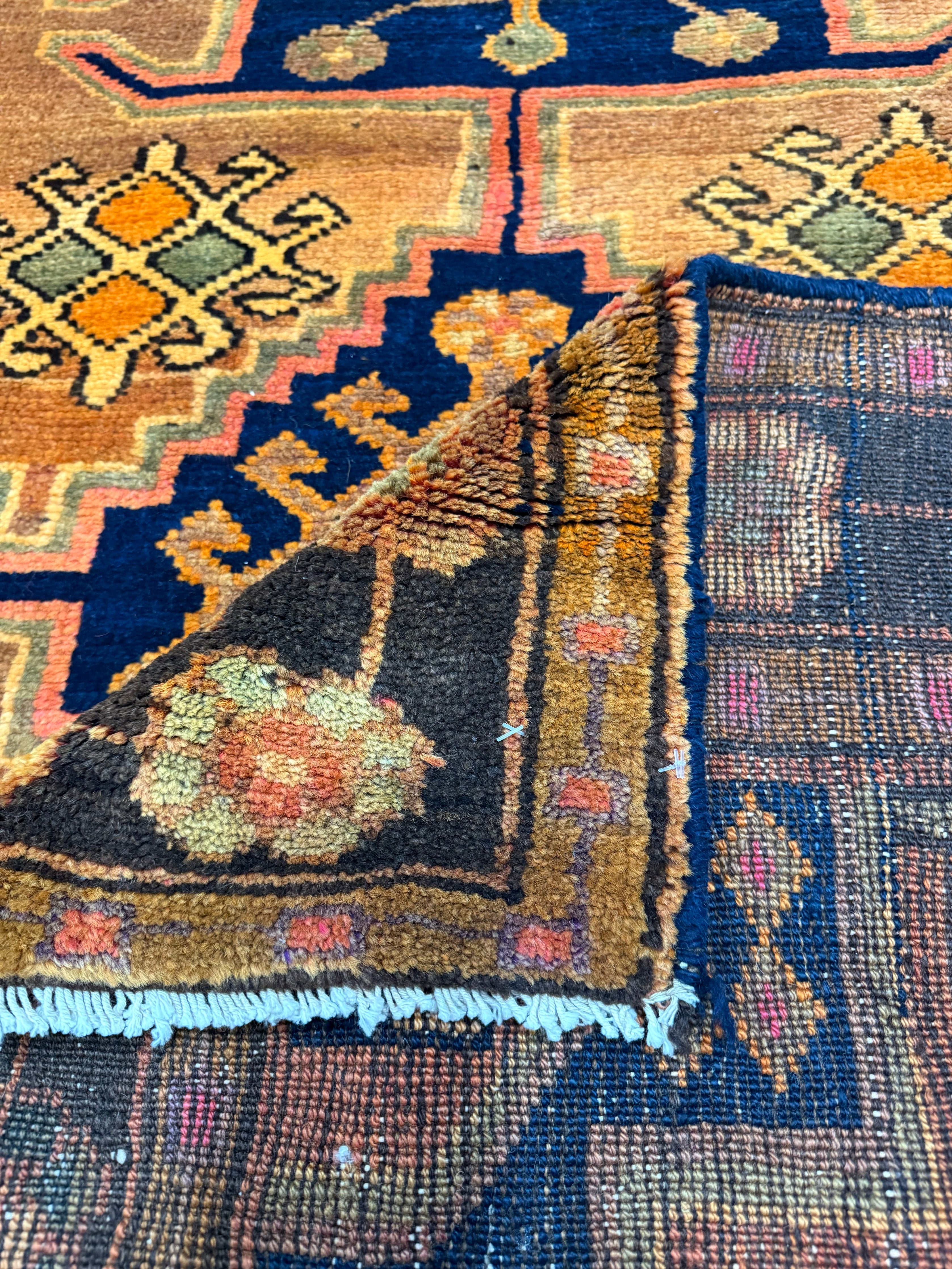 Vintage Luri Rug — Three Angular Medallions on Warm Orange. Original rug photograph; SKU RR32364; source IMG_6950.