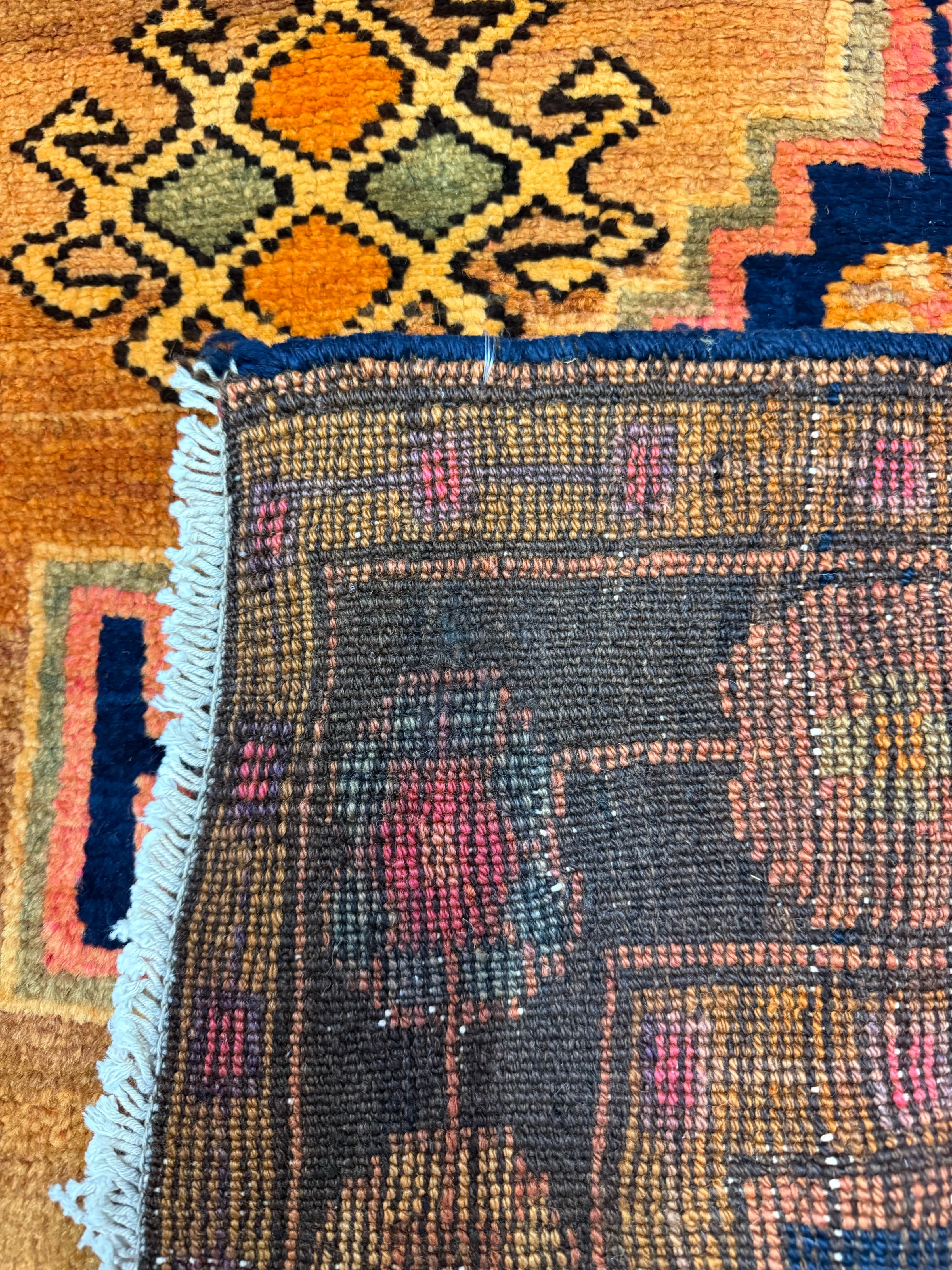 Vintage Luri Rug — Three Angular Medallions on Warm Orange. Original rug photograph; SKU RR32364; source IMG_6951.