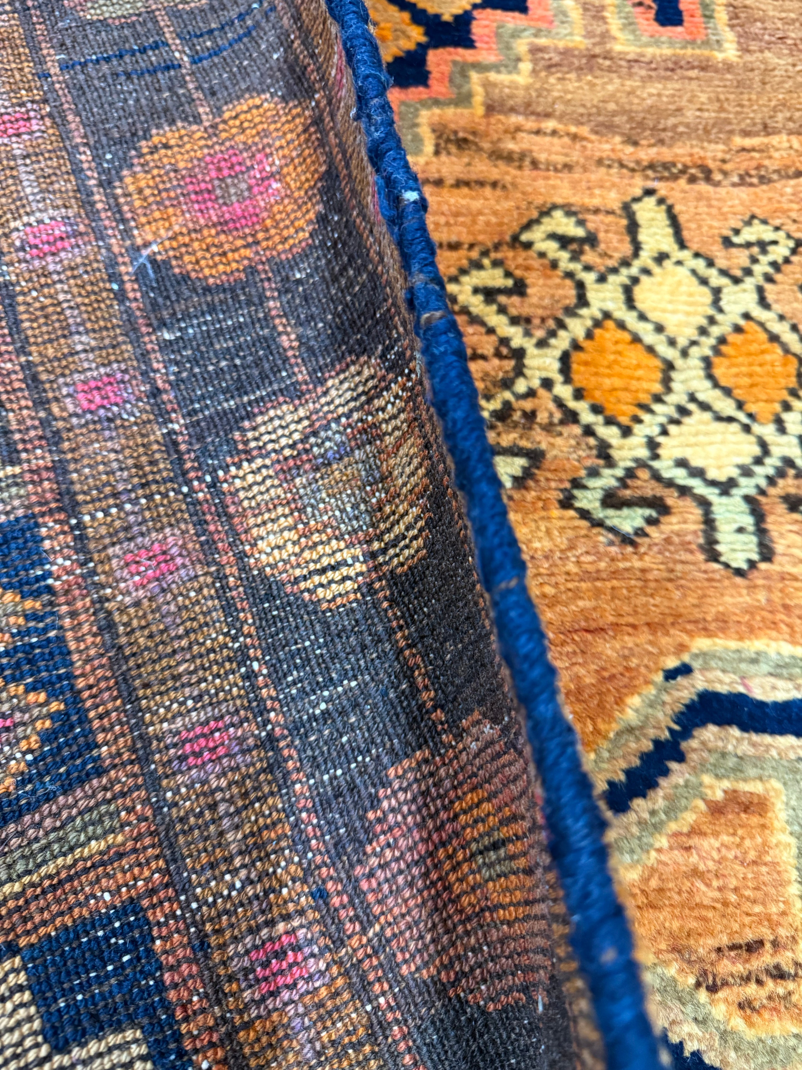 Vintage Luri Rug — Three Angular Medallions on Warm Orange. Original rug photograph; SKU RR32364; source IMG_6952.