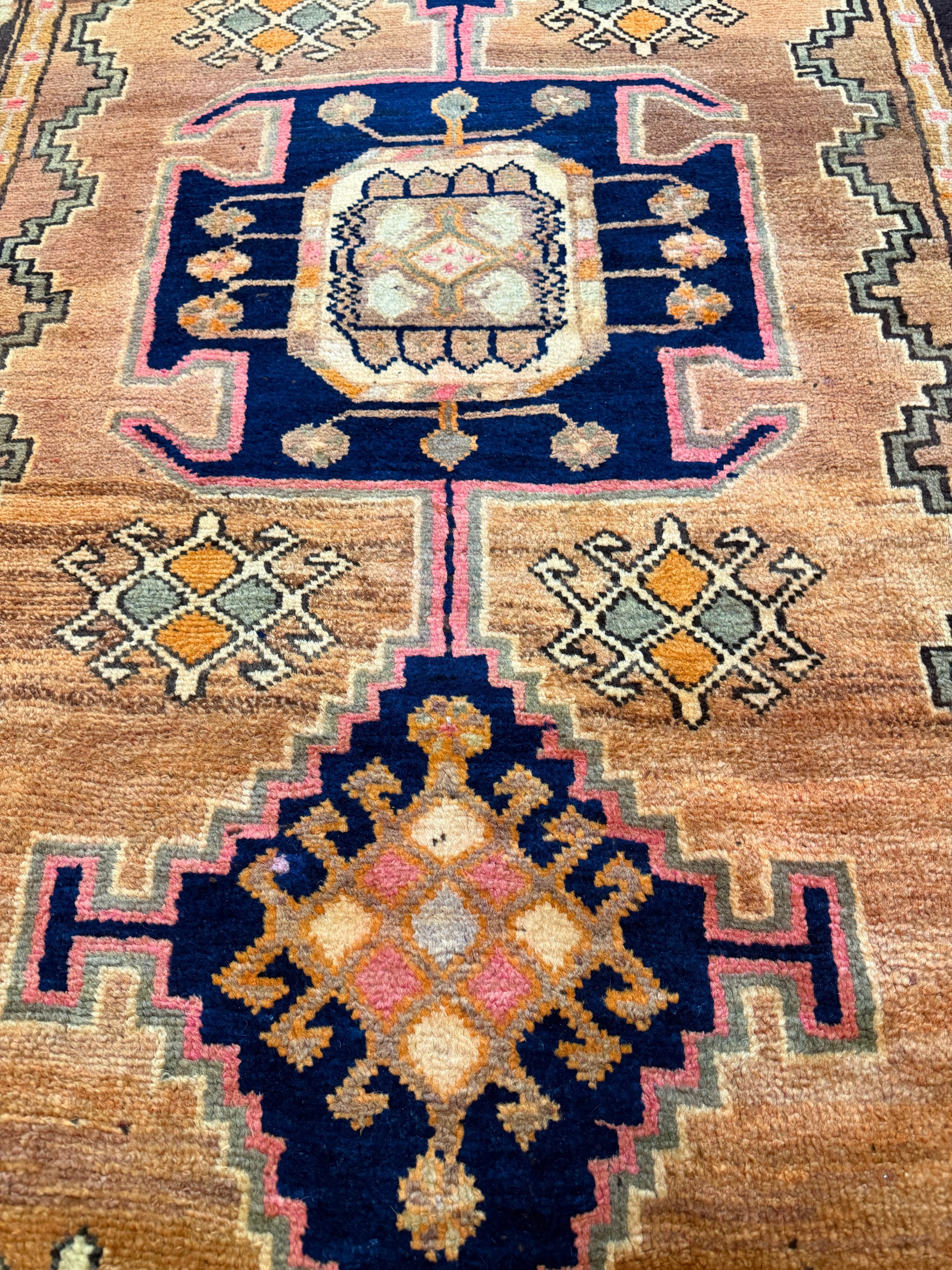 Vintage Luri Rug — Three Angular Medallions on Warm Orange. Original rug photograph; SKU RR32364; source IMG_6960.