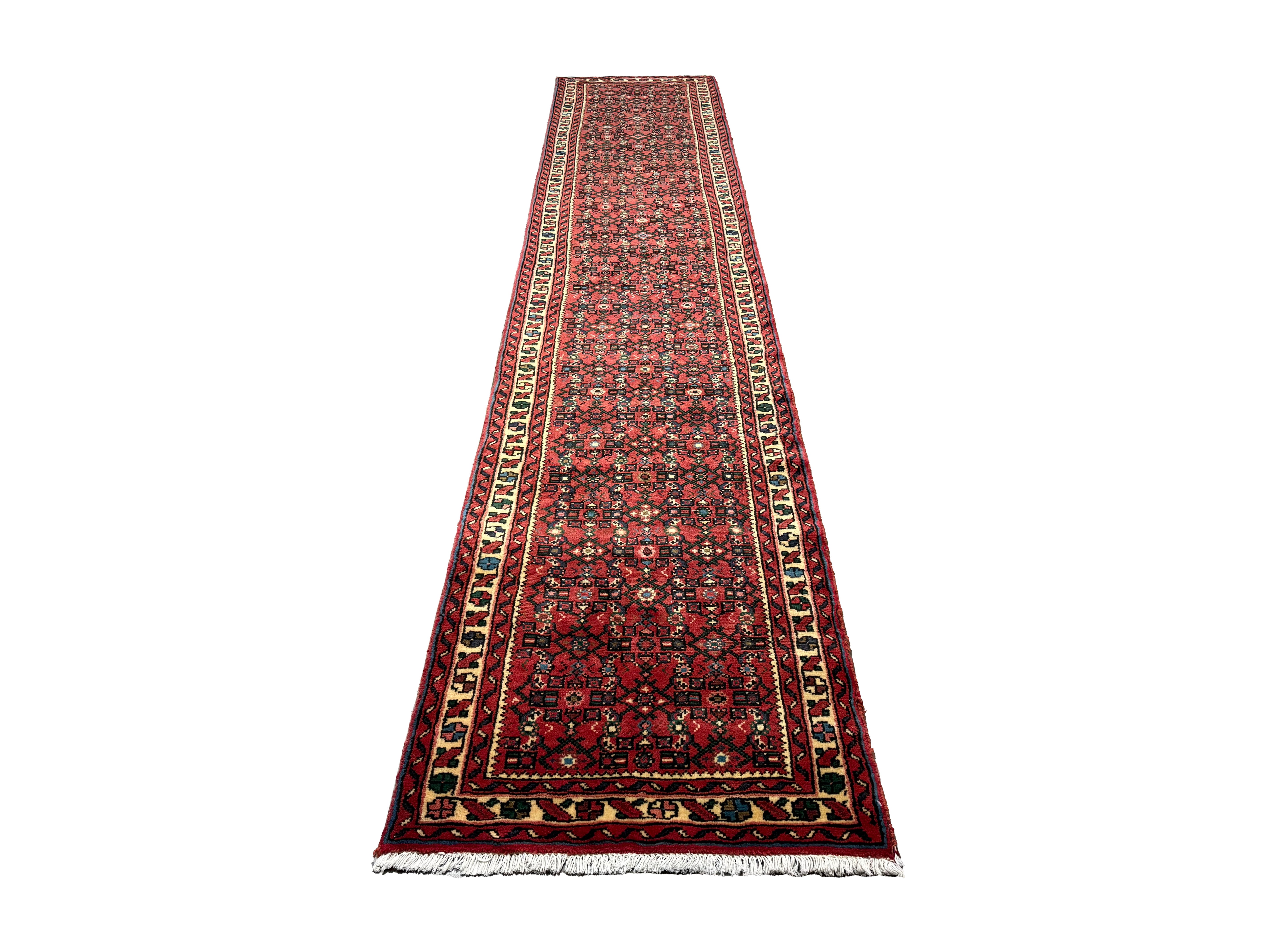 Vintage Hosseinabad Wool Runner | 2'6" × 12'7". Edited documentary rug photograph; SKU RR 32375; source undefined.