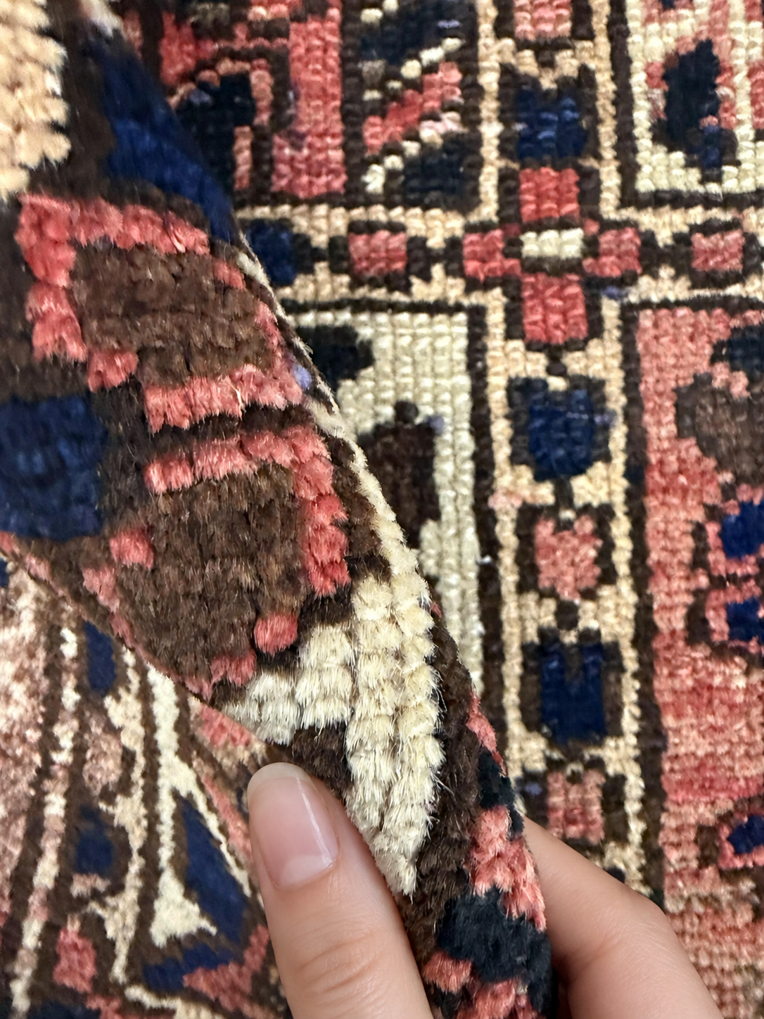 Vintage Shalamzar Bakhtiari Rug — Four Garden Panels with Floral & Architectural Motifs. Rug pile and texture detail; SKU RR 32416; source IMG_6702.