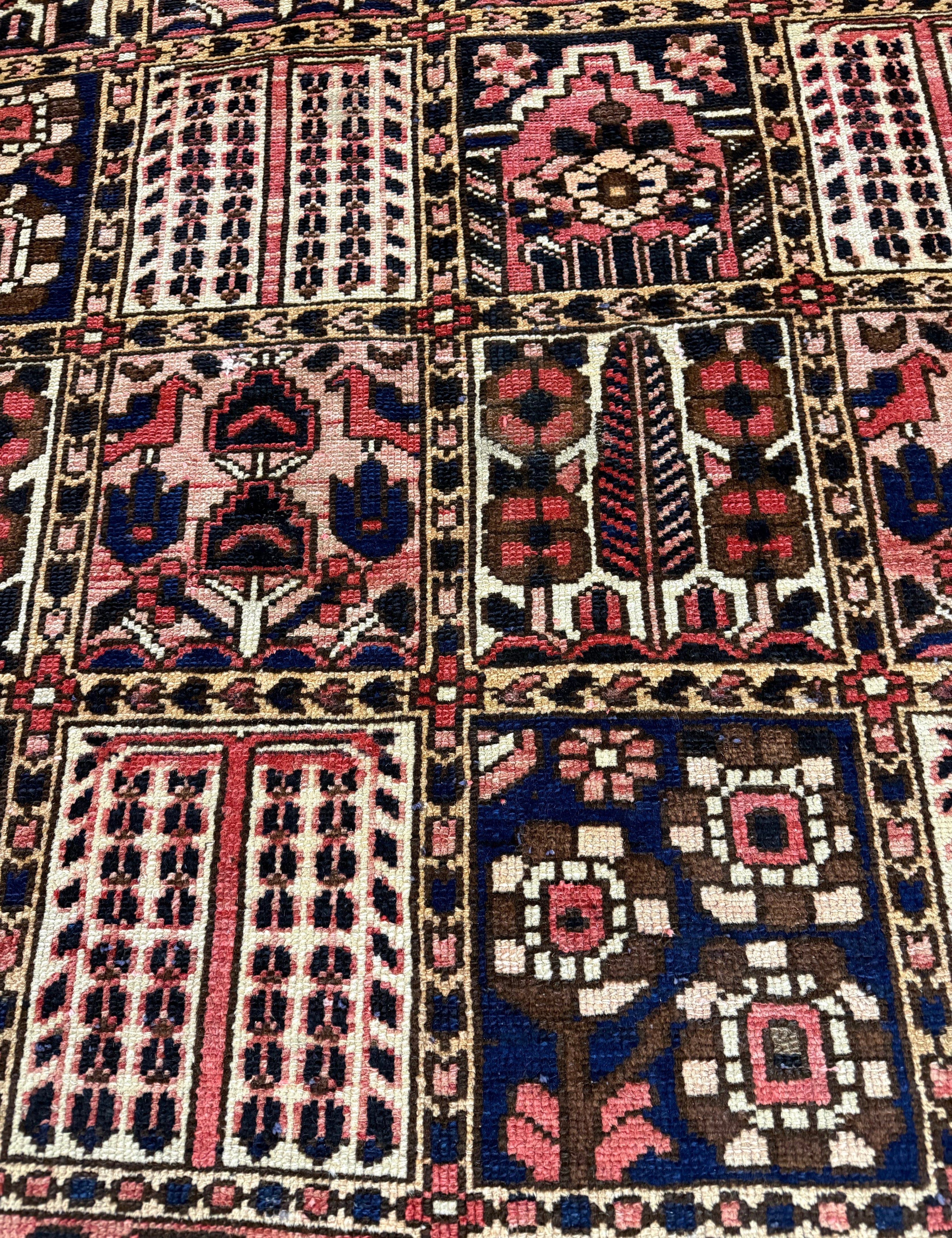Vintage Shalamzar Bakhtiari Rug — Four Garden Panels with Floral & Architectural Motifs. Original rug photograph; SKU RR32416; source RR 32416 IMG_6697.