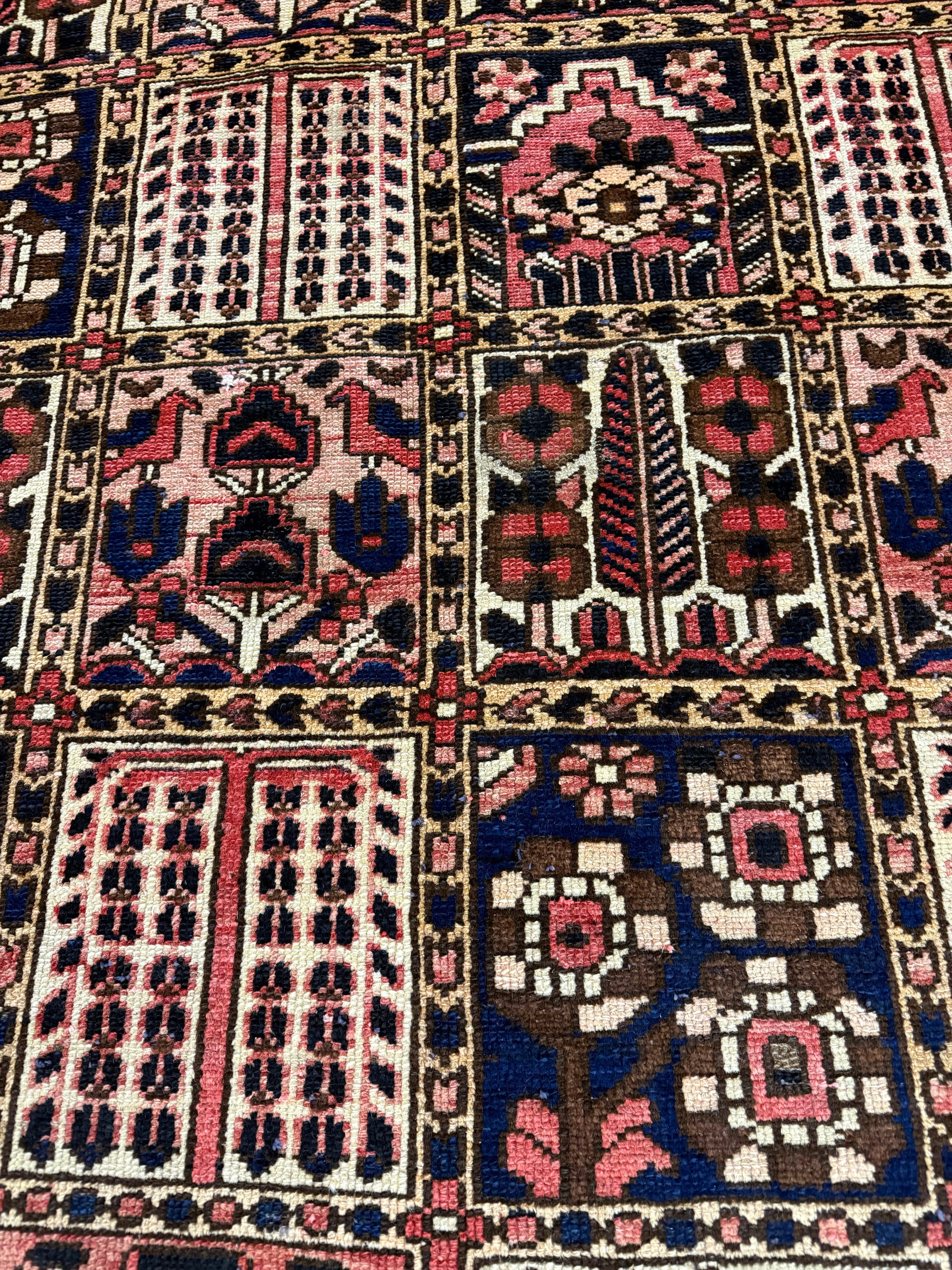 Vintage Shalamzar Bakhtiari Rug — Four Garden Panels with Floral & Architectural Motifs. Original rug photograph; SKU RR32416; source RR 32416 IMG_6697.