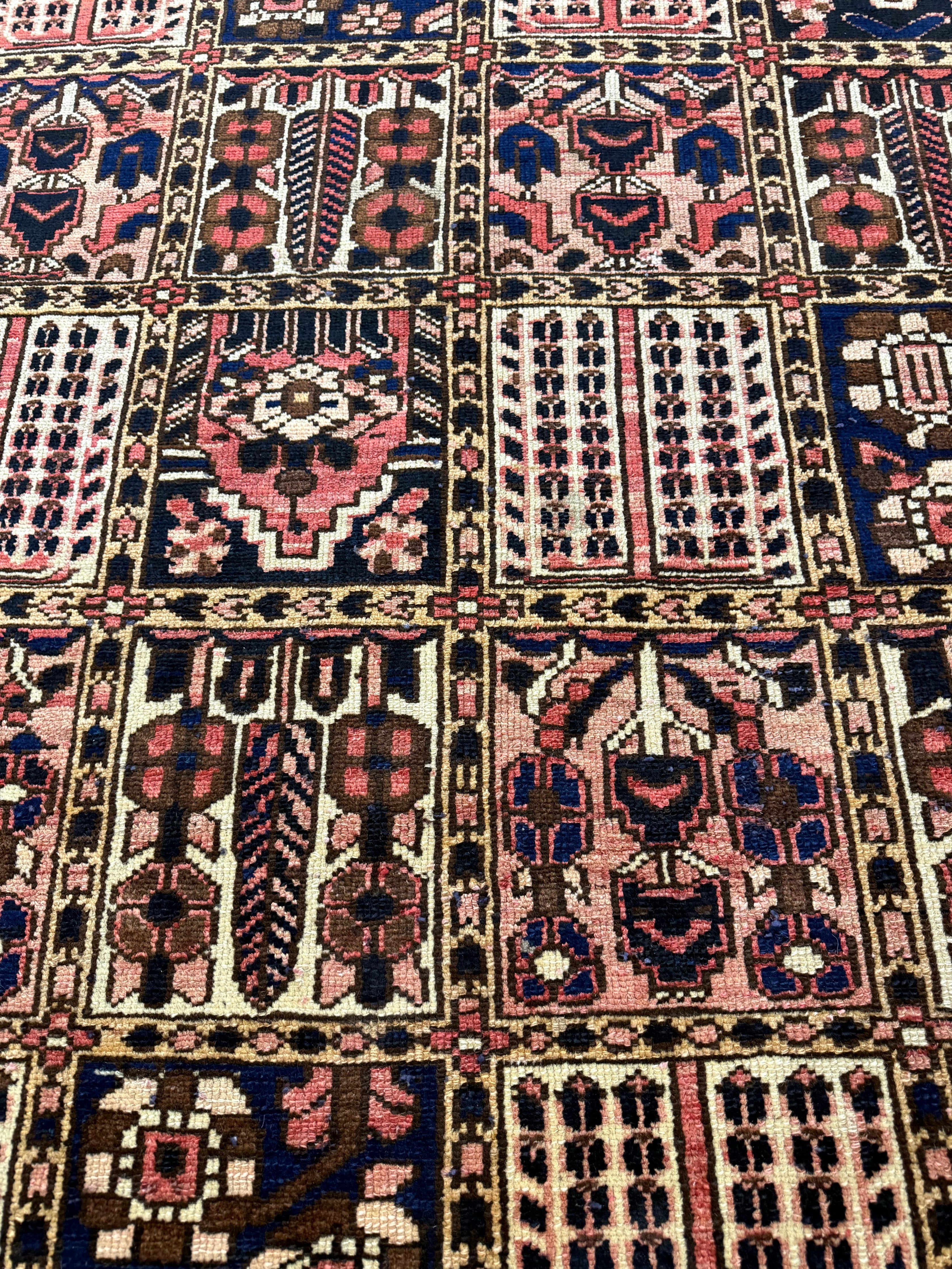 Vintage Shalamzar Bakhtiari Rug — Four Garden Panels with Floral & Architectural Motifs. Original rug photograph; SKU RR32416; source RR 32416 IMG_6707.