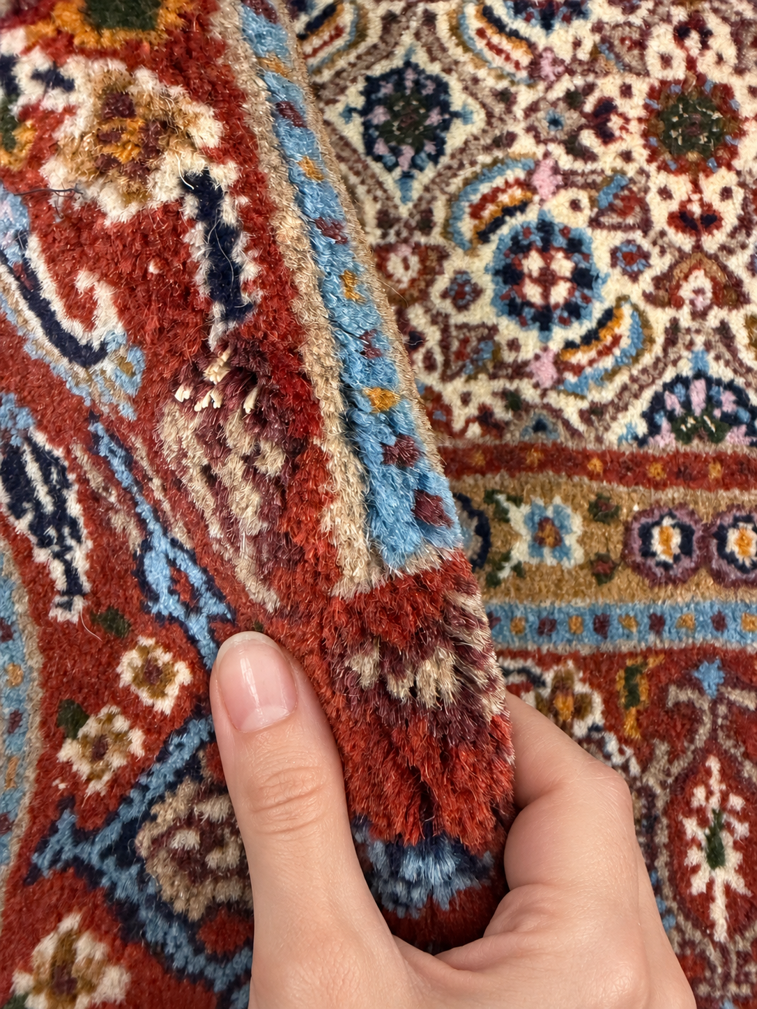Vintage Moud Rug — Fine Allover Herati with Red & Deep Blue Borders. Rug pile and texture detail; SKU RR 32434; source IMG_6761.
