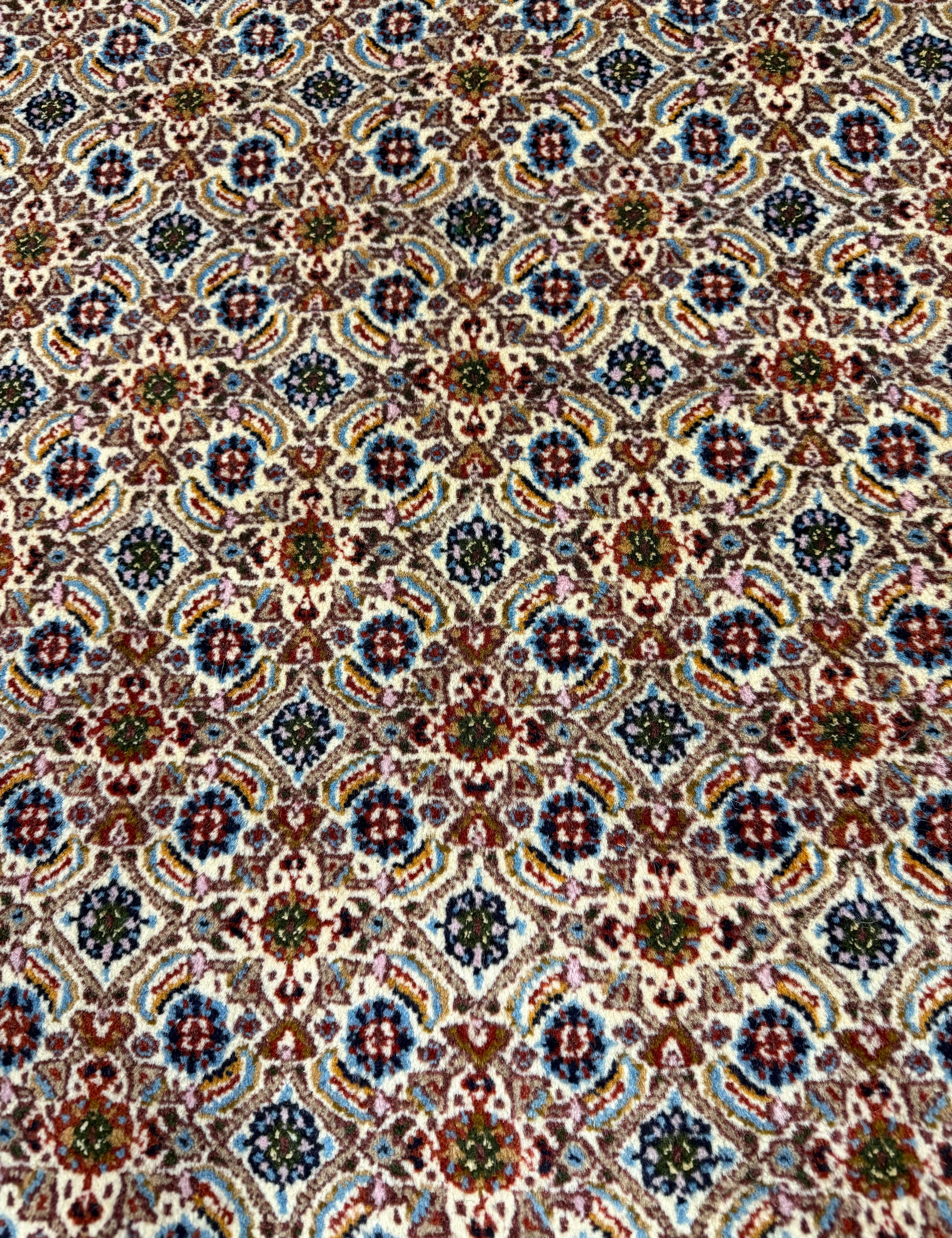 Vintage Moud Rug — Fine Allover Herati with Red & Deep Blue Borders. Original rug photograph; SKU RR32434; source RR 32434 IMG_6755.