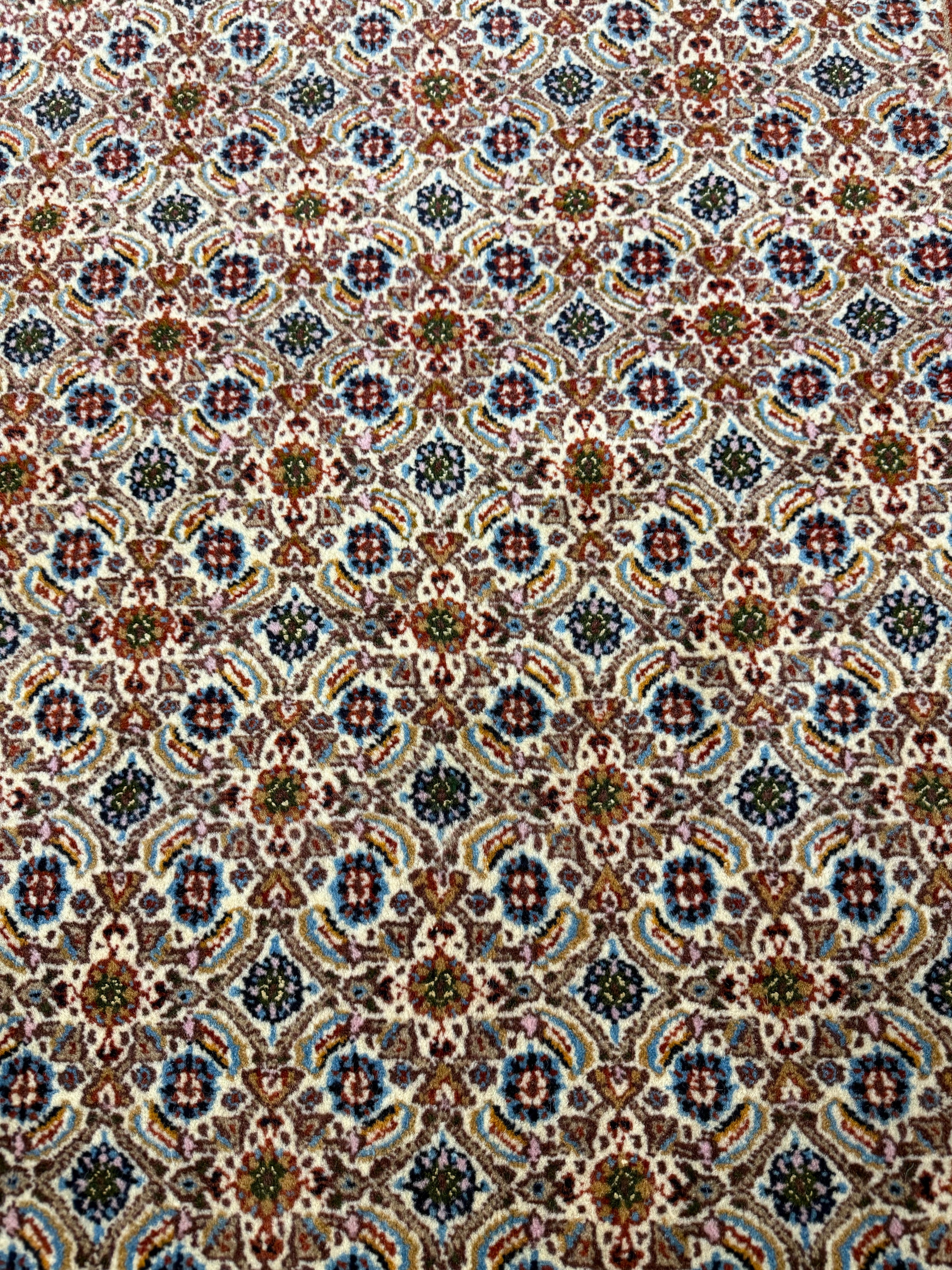 Vintage Moud Rug — Fine Allover Herati with Red & Deep Blue Borders. Original rug photograph; SKU RR32434; source RR 32434 IMG_6766.