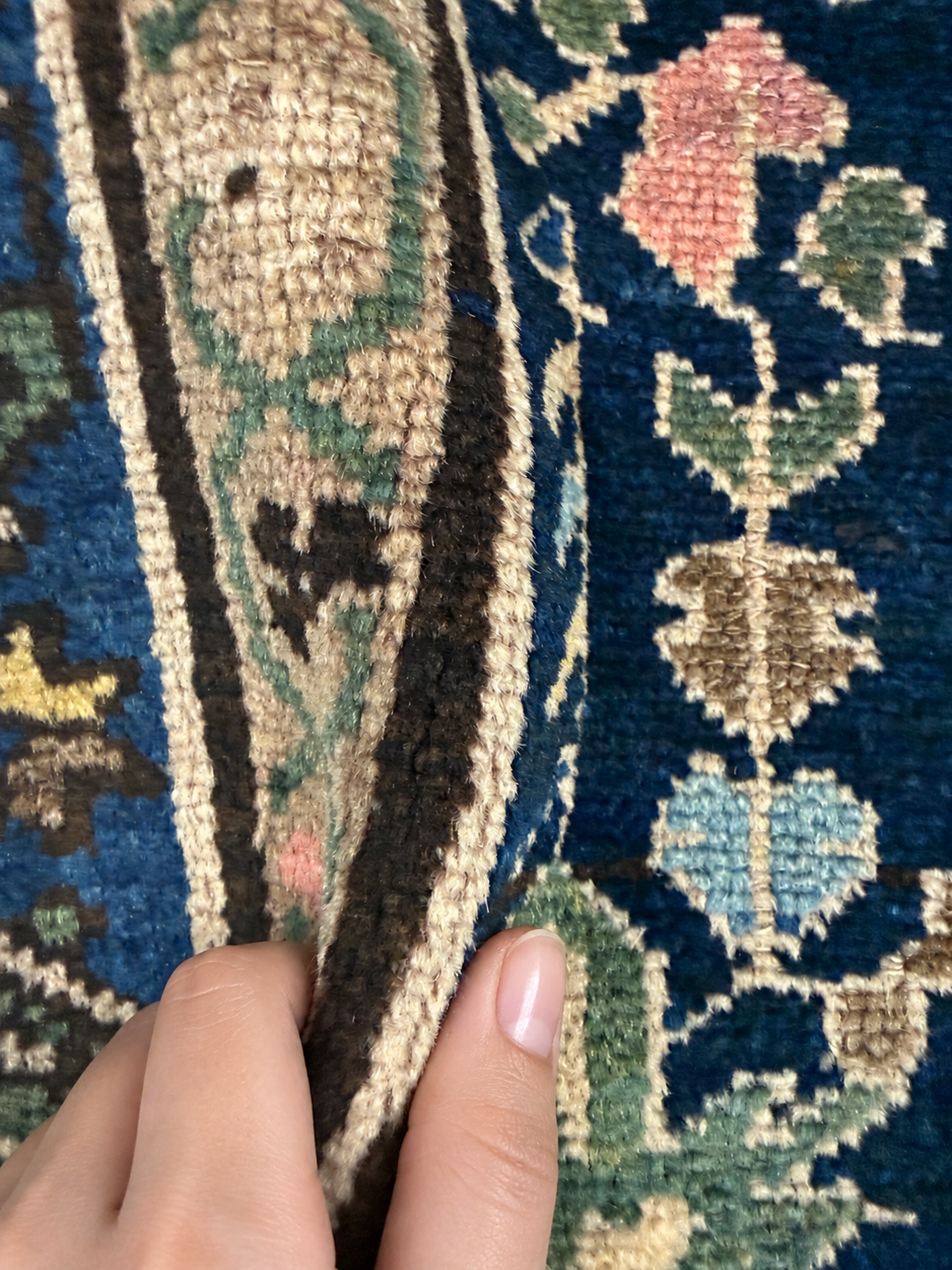 Vintage Dargazin Rug — Gol Farang Floral Sprays on Deep Blue. Rug pile and texture detail; SKU RR 32487; source IMG_6741.