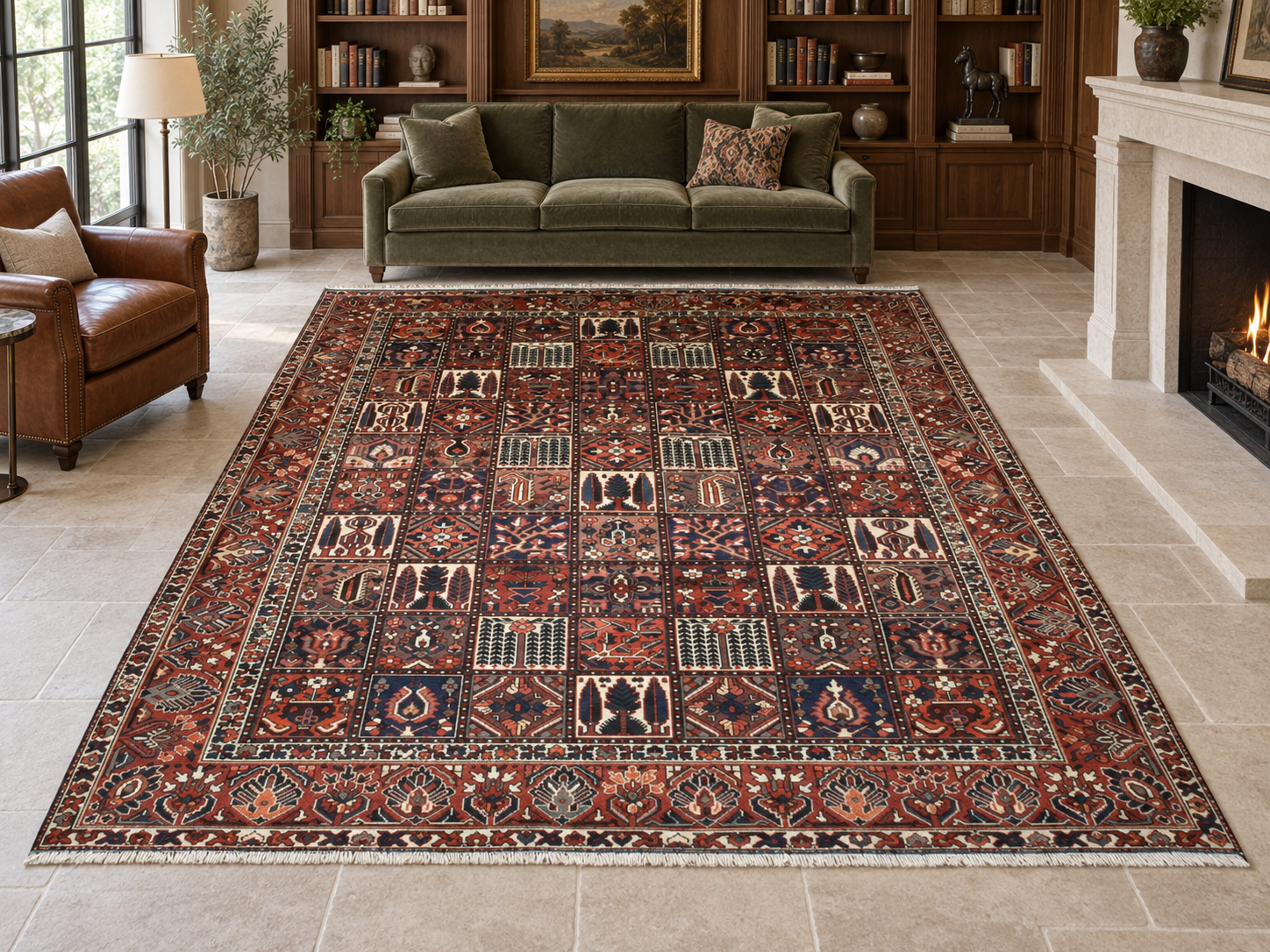 Persian Bakhtiari garden-panel rug in a walnut library with olive seating; AI-generated room visualization for styling inspiration.