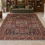 Persian Bakhtiari garden-panel rug in a walnut library with olive seating; AI-generated room visualization for styling inspiration.