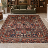 Persian Bakhtiari garden-panel rug in a walnut library with olive seating; AI-generated room visualization for styling inspiration.