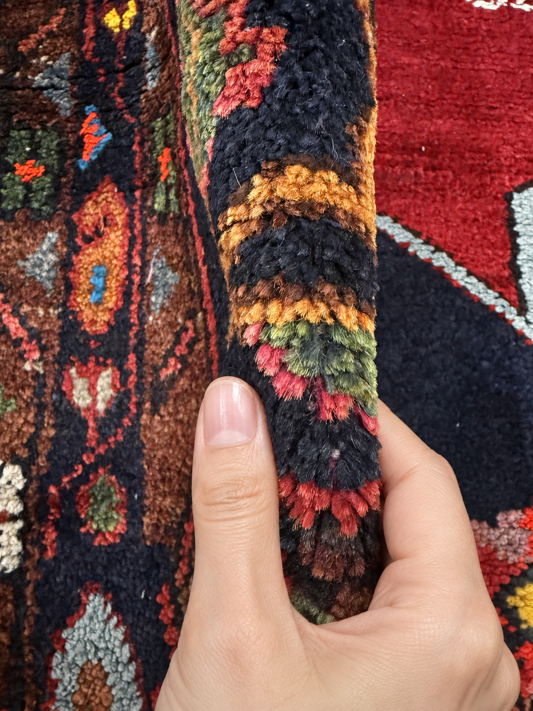 Vintage Hamadan Rug — Angular Florals & Linked Medallions on Red. Rug pile and texture detail; SKU RR 33017; source IMG_6883.