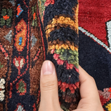 Vintage Hamadan Rug — Angular Florals & Linked Medallions on Red. Rug pile and texture detail; SKU RR 33017; source IMG_6883.