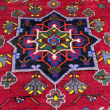 Vintage Hamadan Rug — Angular Florals & Linked Medallions on Red. Original rug photograph; SKU RR33017; source IMG_6878.