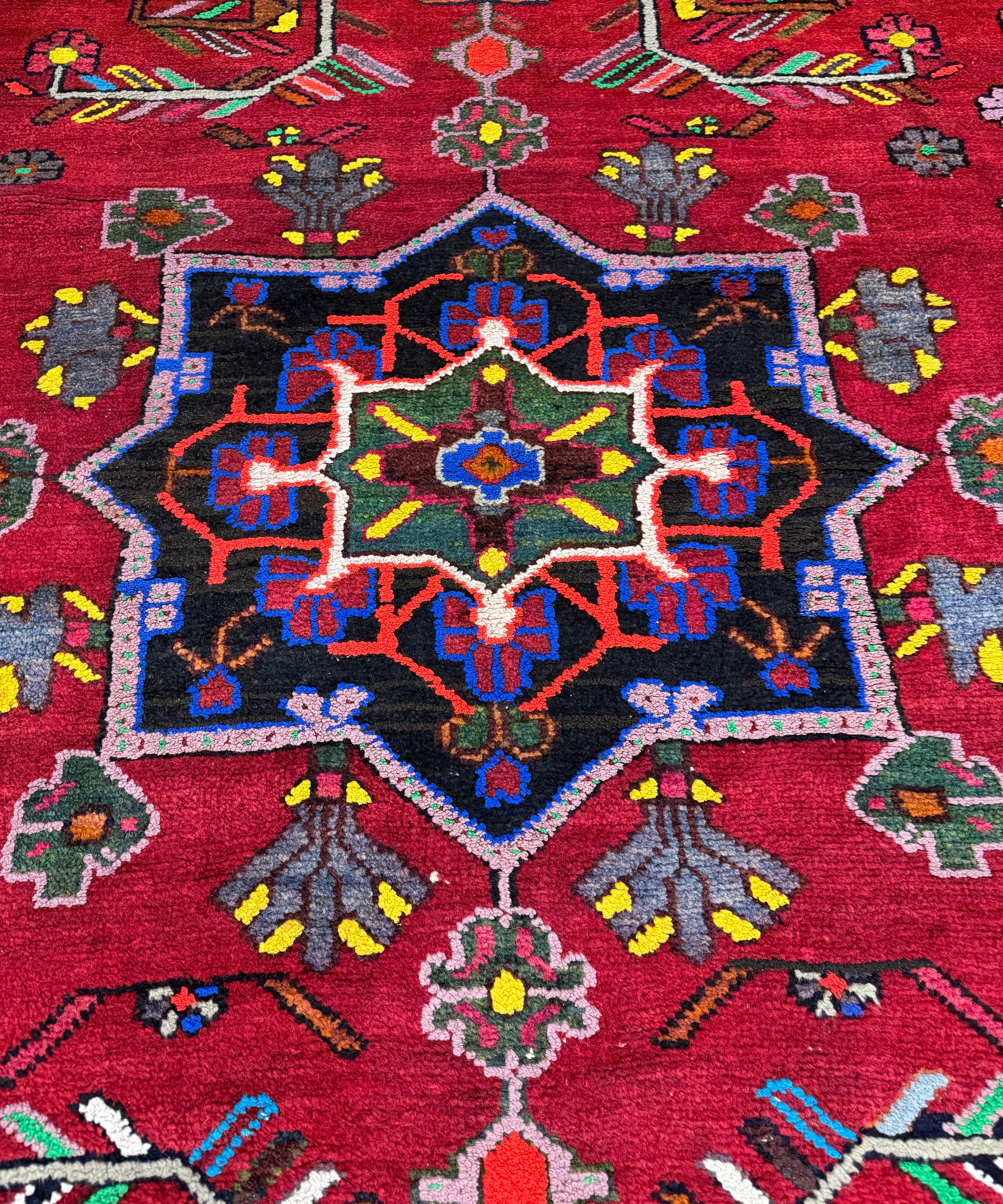 Vintage Hamadan Rug — Angular Florals & Linked Medallions on Red. Original rug photograph; SKU RR33017; source IMG_6878.