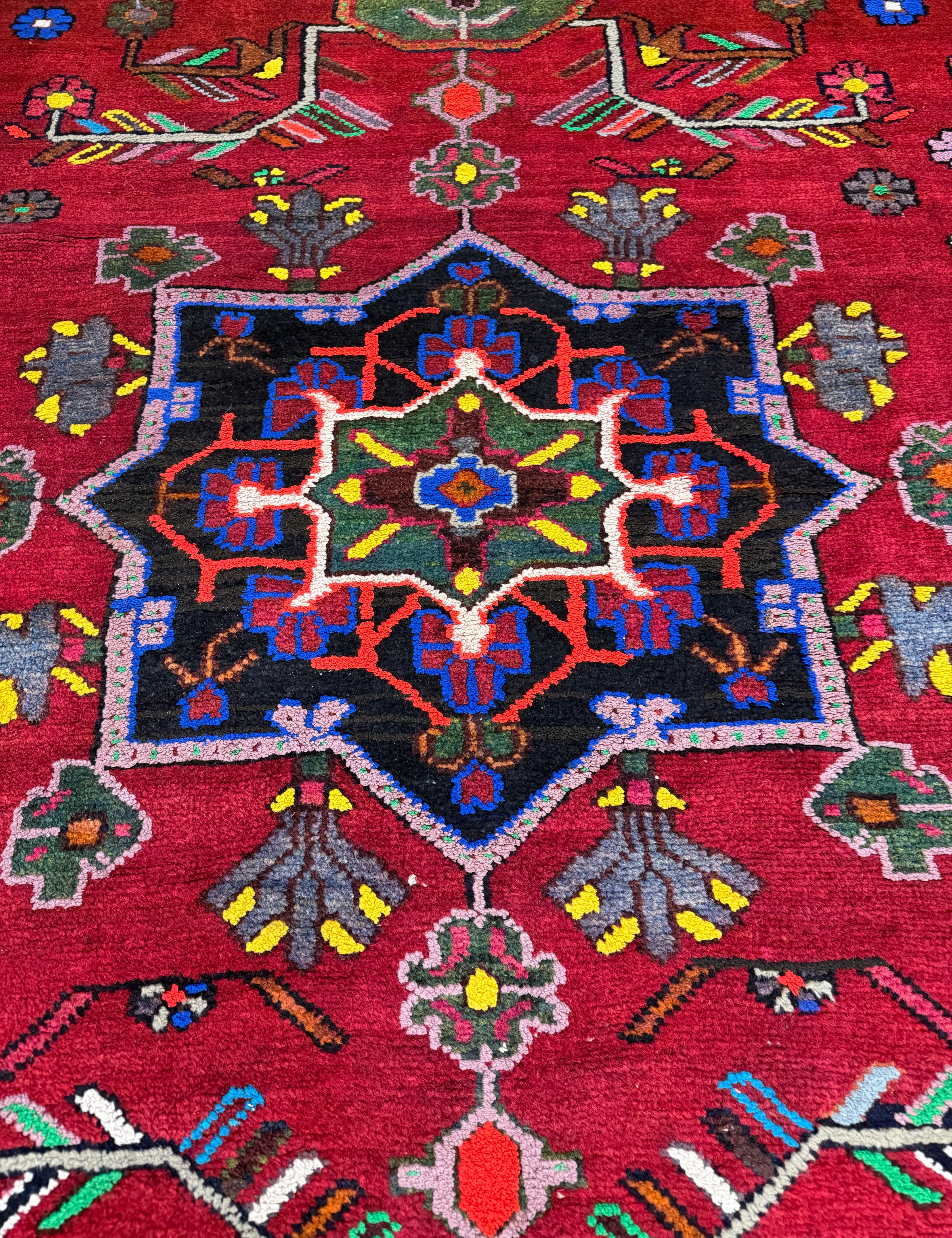 Vintage Hamadan Rug — Angular Florals & Linked Medallions on Red. Original rug photograph; SKU RR33017; source IMG_6878.