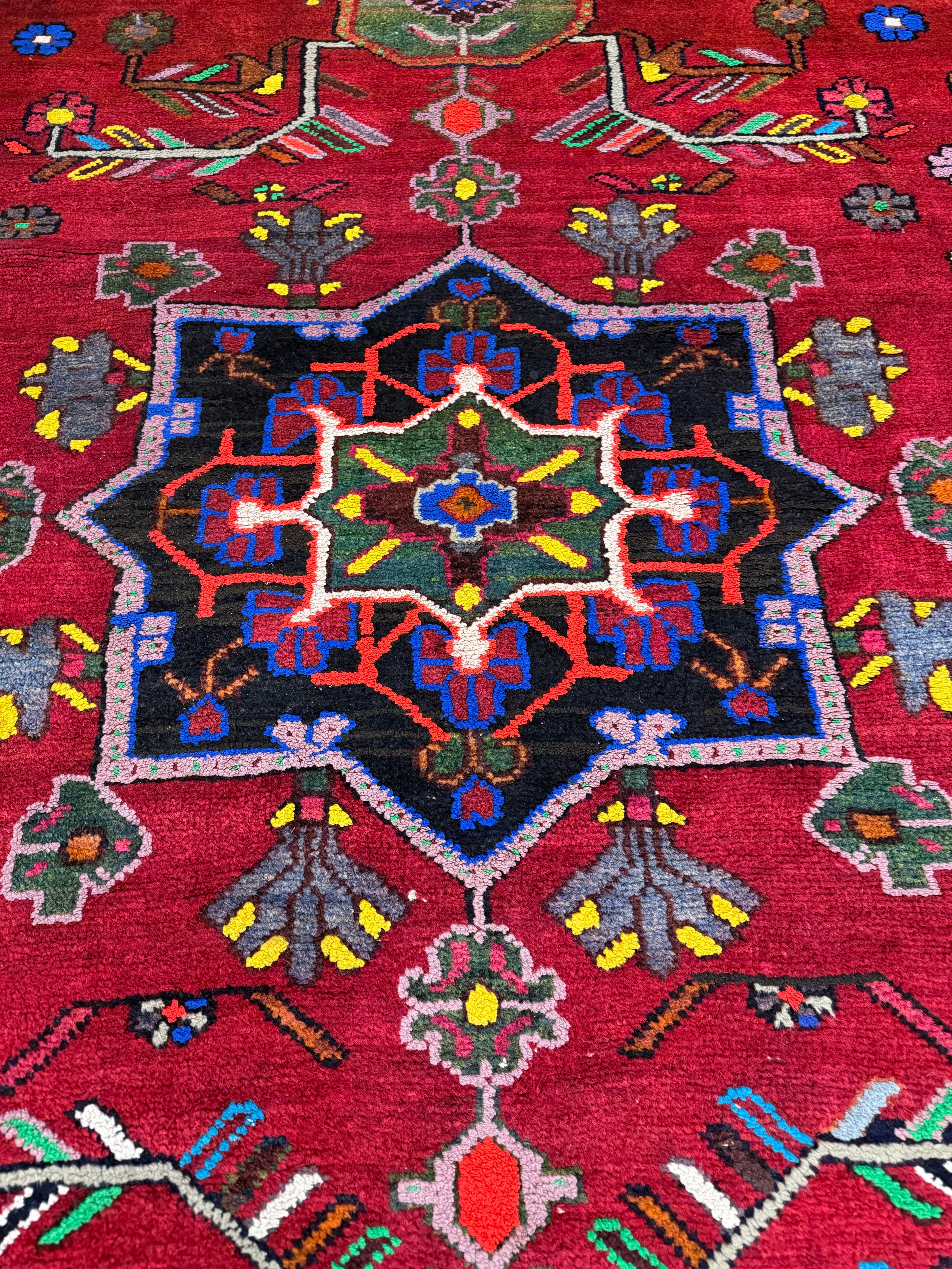 Vintage Hamadan Rug — Angular Florals & Linked Medallions on Red. Original rug photograph; SKU RR33017; source IMG_6878.