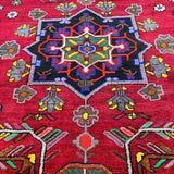 Vintage Hamadan Rug — Angular Florals & Linked Medallions on Red. Original rug photograph; SKU RR33017; source IMG_6888.