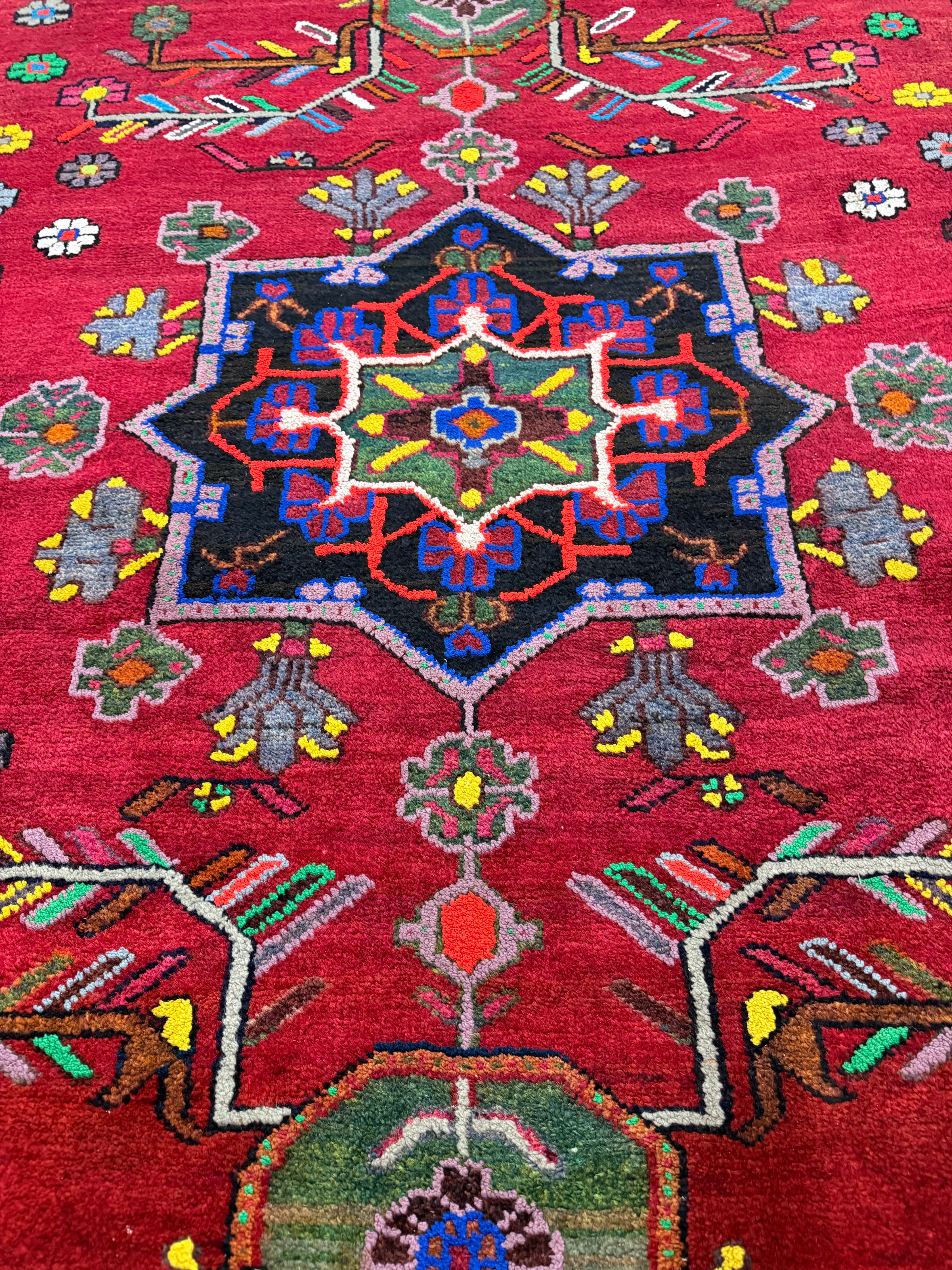 Vintage Hamadan Rug — Angular Florals & Linked Medallions on Red. Original rug photograph; SKU RR33017; source IMG_6888.