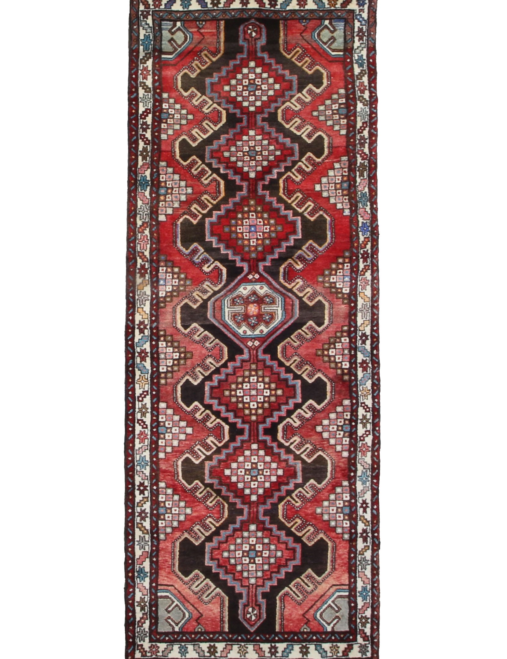 Persian Hamadan Runner, top view on white background, hand-knotted wool pile. SKU RR 30127.