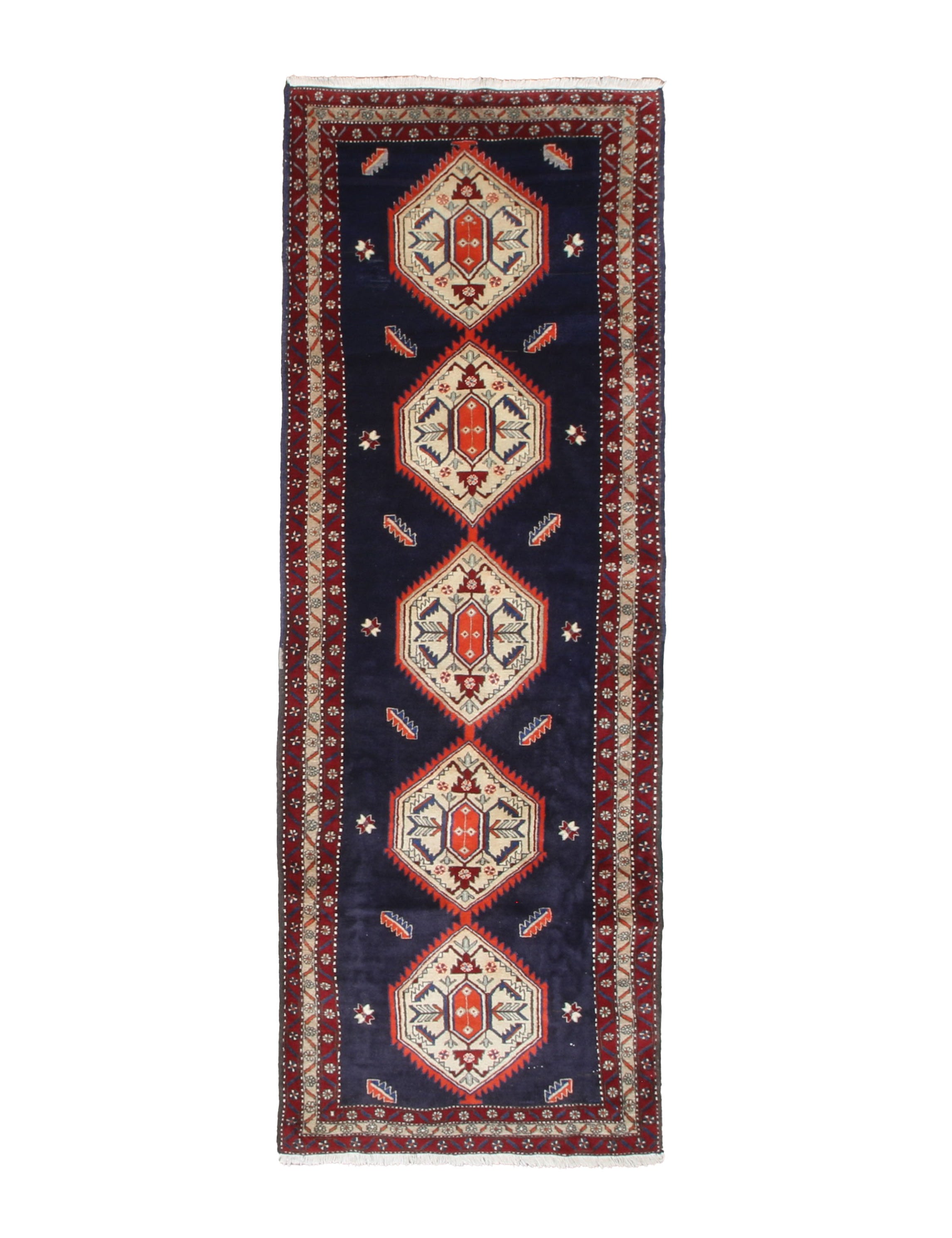 Persian Zarrin Qaba Mianeh Runner, top view on white background, hand-knotted wool pile. SKU RR 30171.