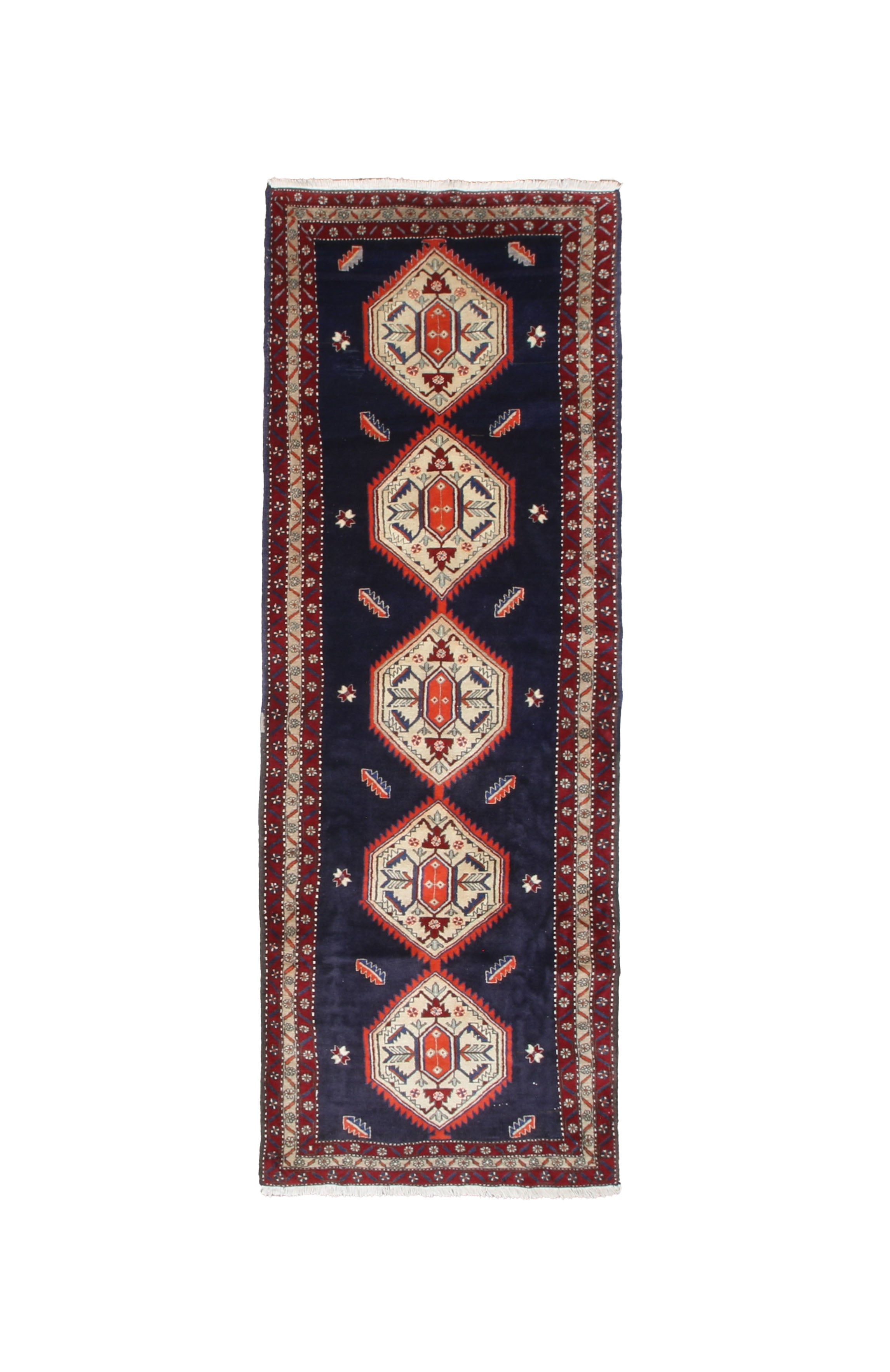 Persian Zarrin Qaba Mianeh Runner, top view on white background, hand-knotted wool pile. SKU RR 30171.