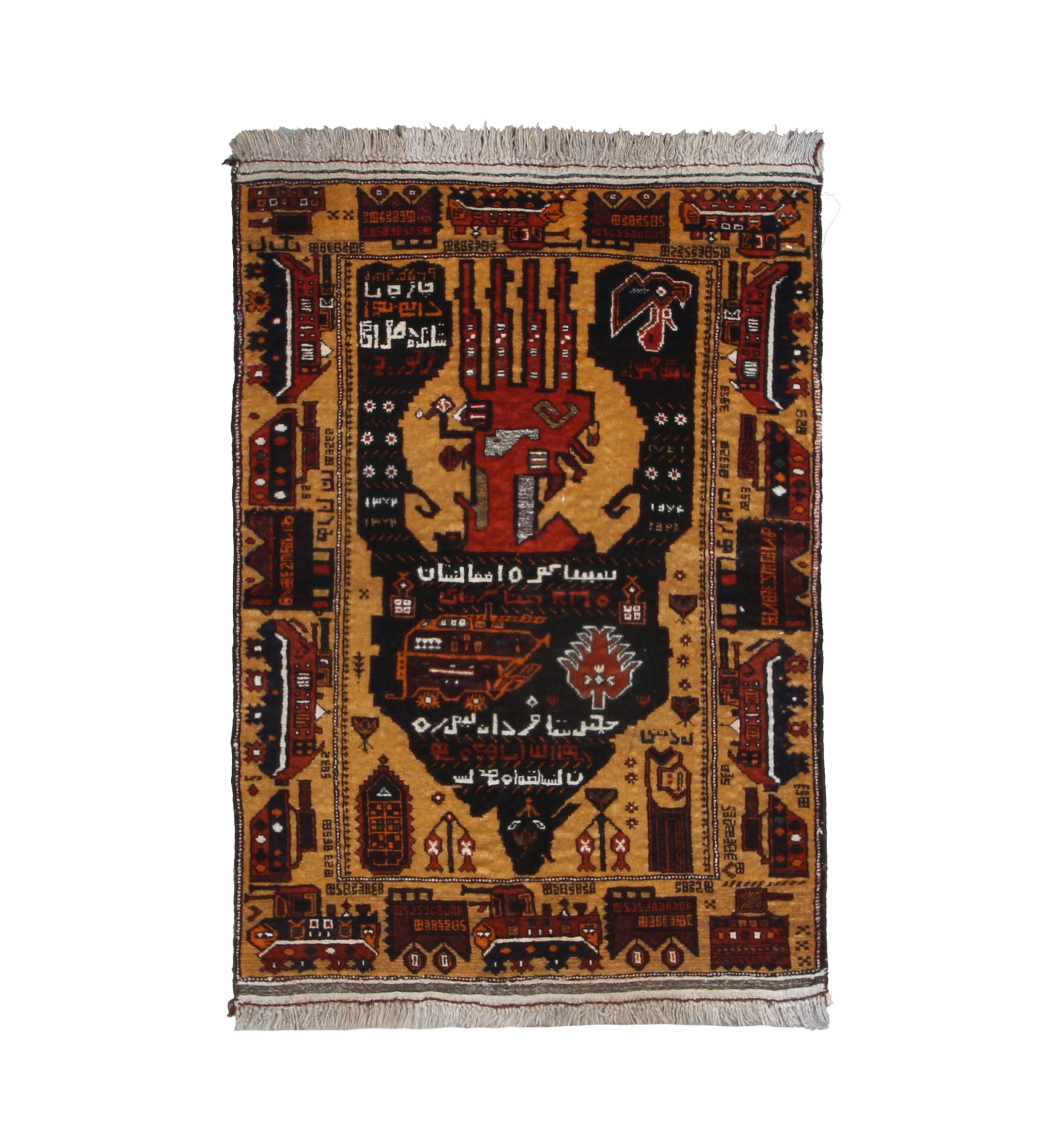 Afghan War Rug, top view on white background, hand-knotted wool with brown colouring. SKU RR 30294.