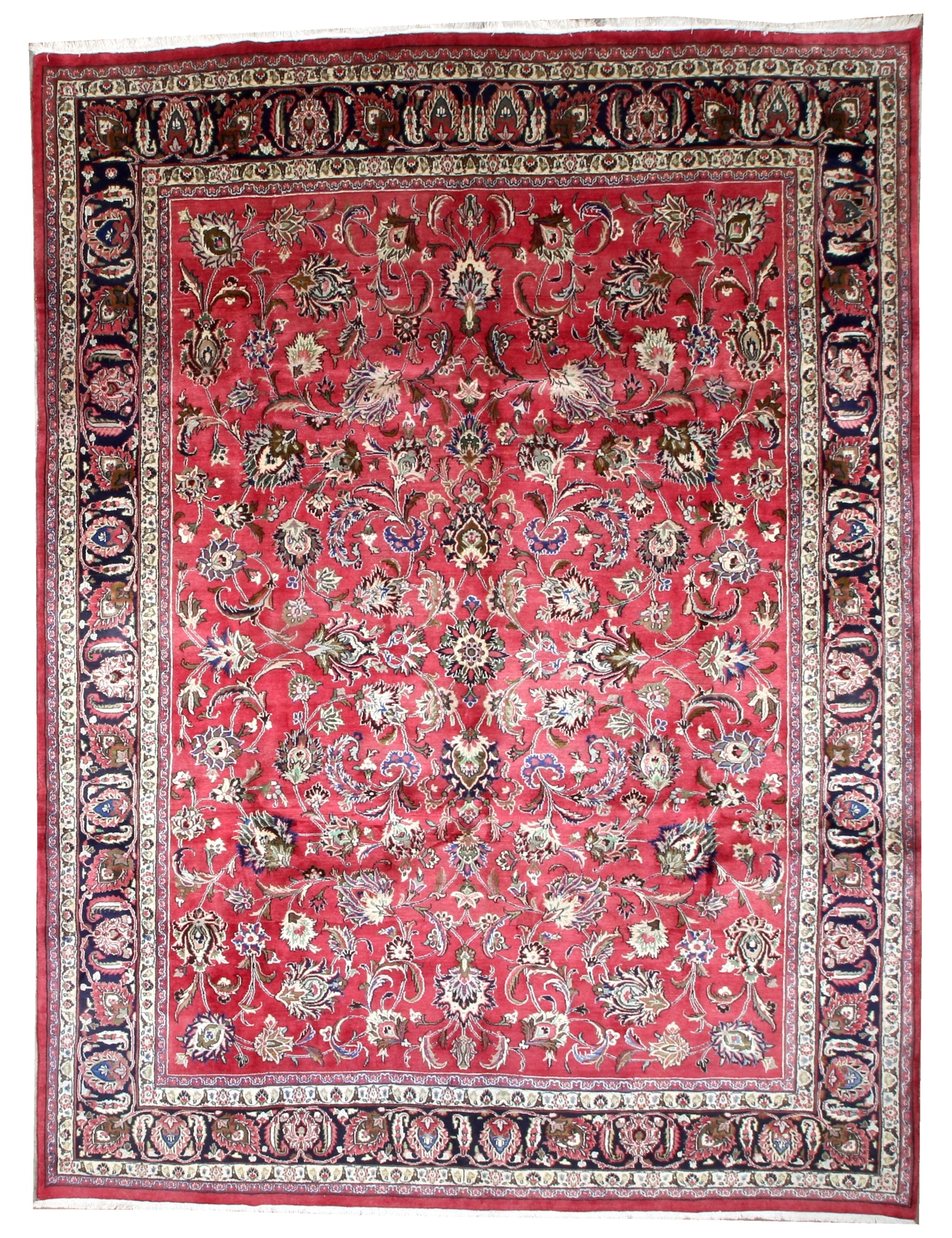 Red Persian-style rug with detailed floral pattern, navy corner accents, bordered frame