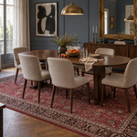 Collected Italianate dining room; AI-generated styling visualization. Pattern details and scale may vary; refer to original product photos and listed dimensions.
