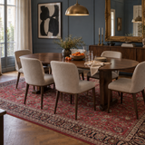 Collected Italianate dining room; AI-generated styling visualization. Pattern details and scale may vary; refer to original product photos and listed dimensions.