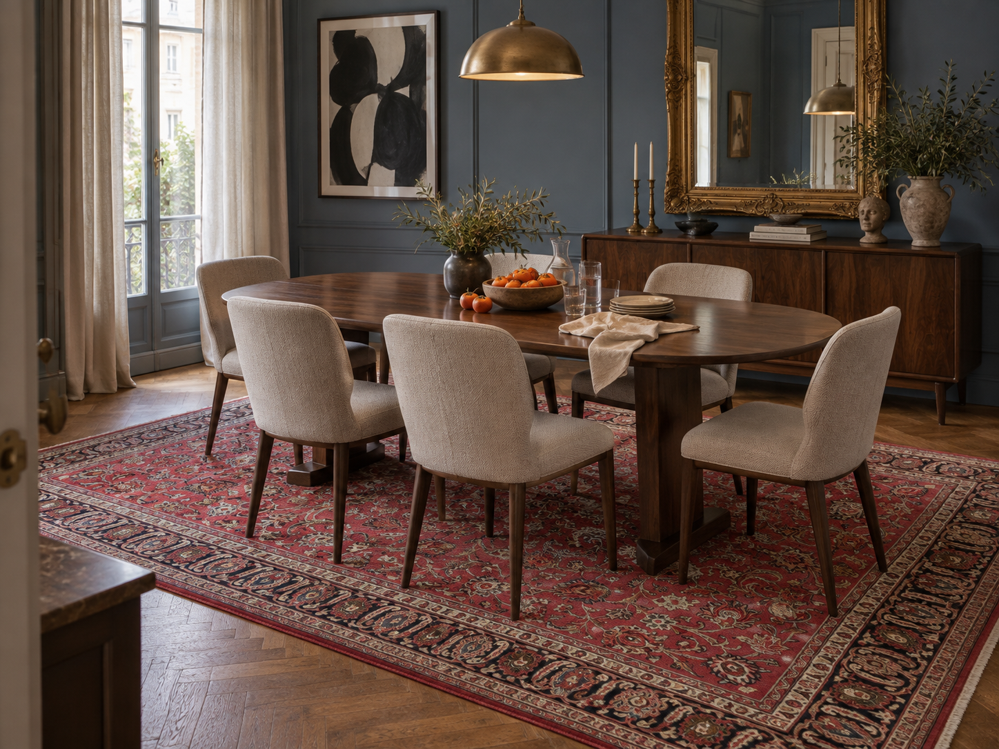 Collected Italianate dining room; AI-generated styling visualization. Pattern details and scale may vary; refer to original product photos and listed dimensions.