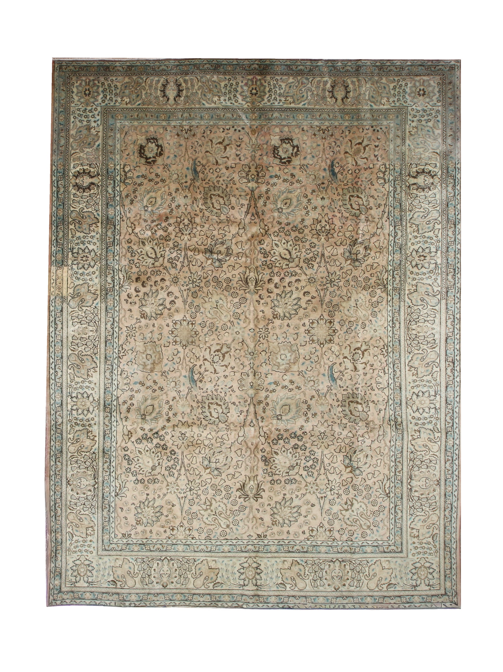 Tabriz hand-knotted wool rug, full top view.
