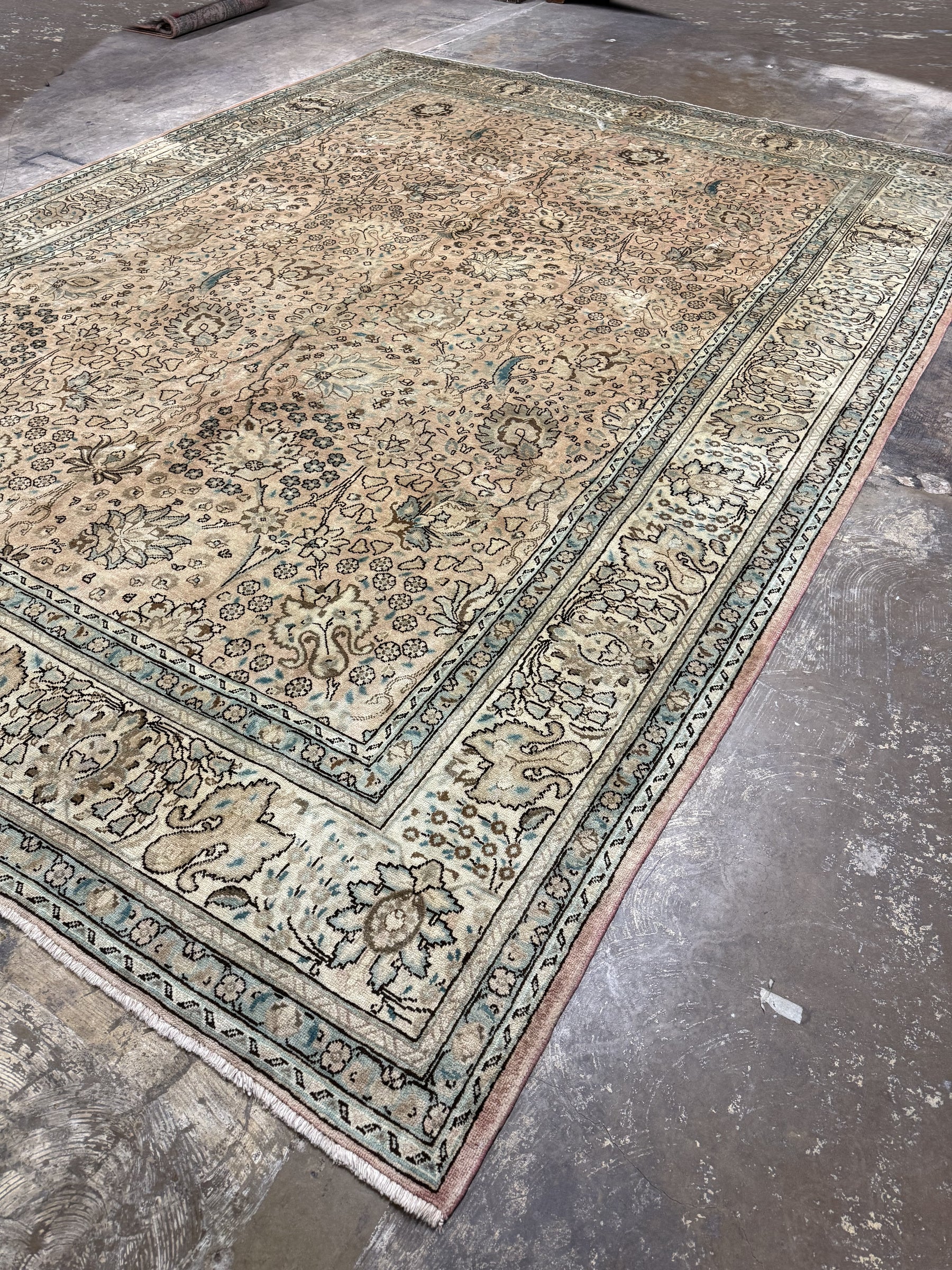Tabriz-style rug, cream field with blue border and floral medallion patterns.