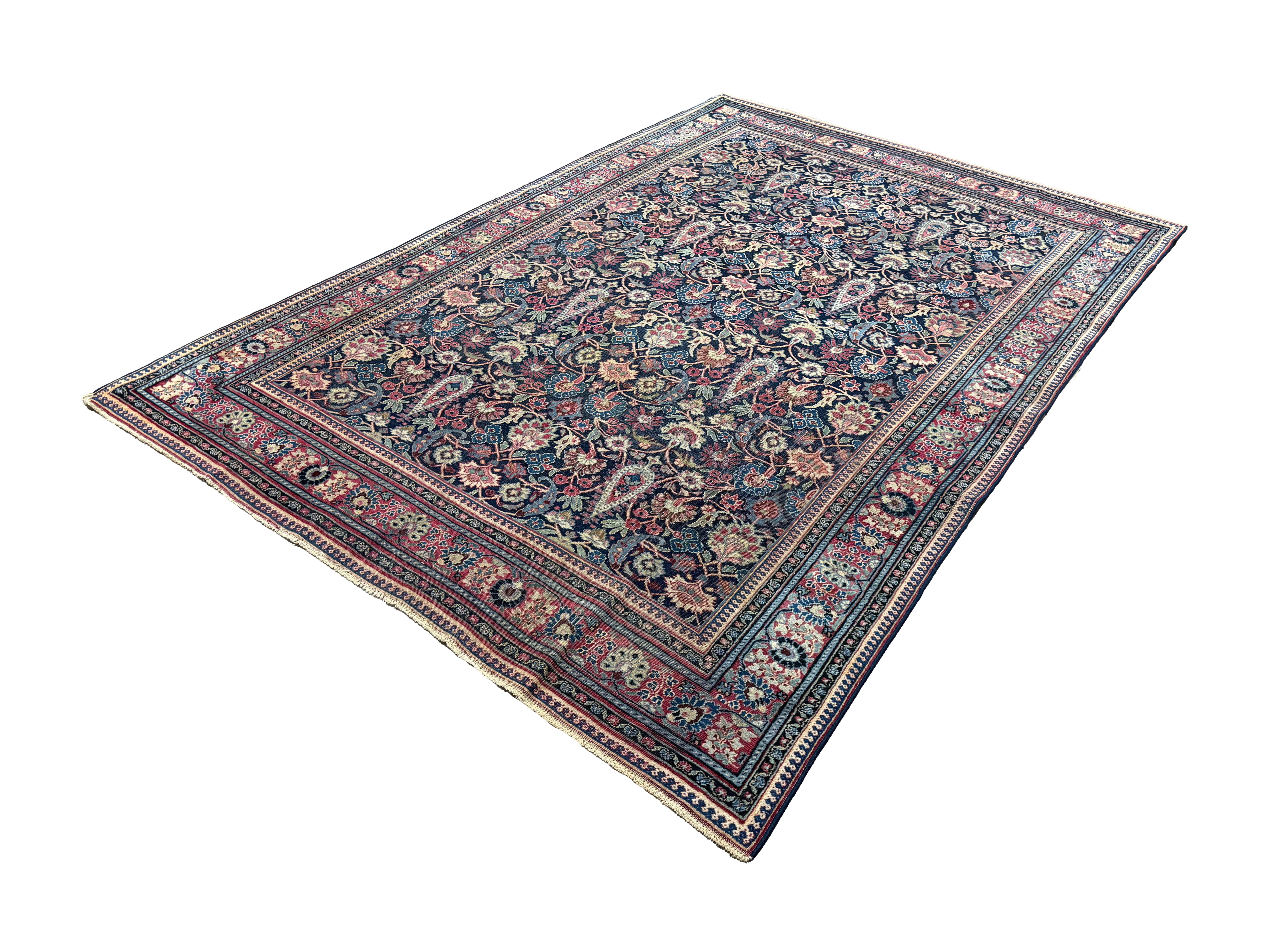 Vintage Mashhad Khorasan Rug, diagonal perspective view of the complete rug, hand-knotted wool pile. SKU RR 30636.
