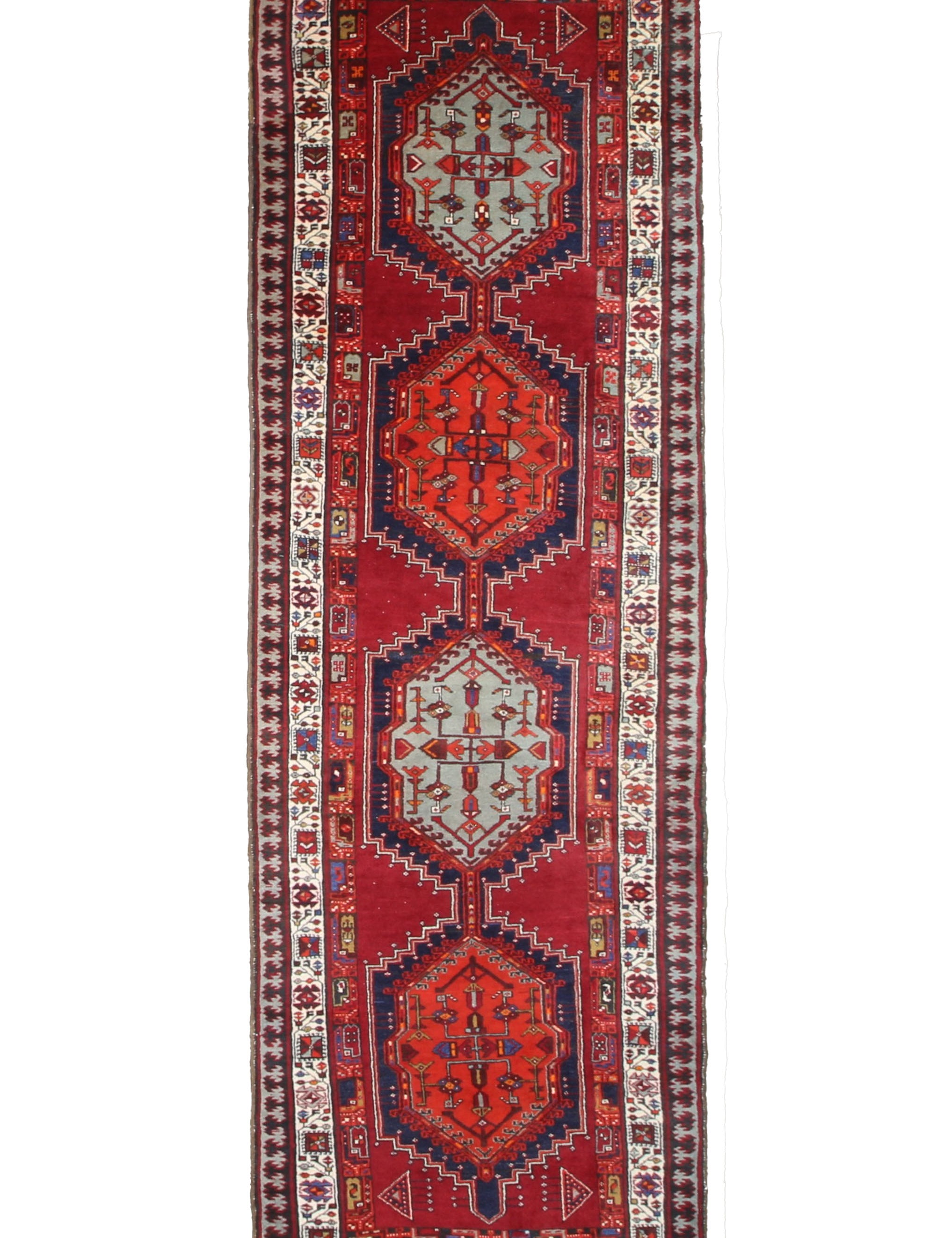 Persian Sarab Runner, top view on white background, hand-knotted wool with red colouring. SKU RR 30685.