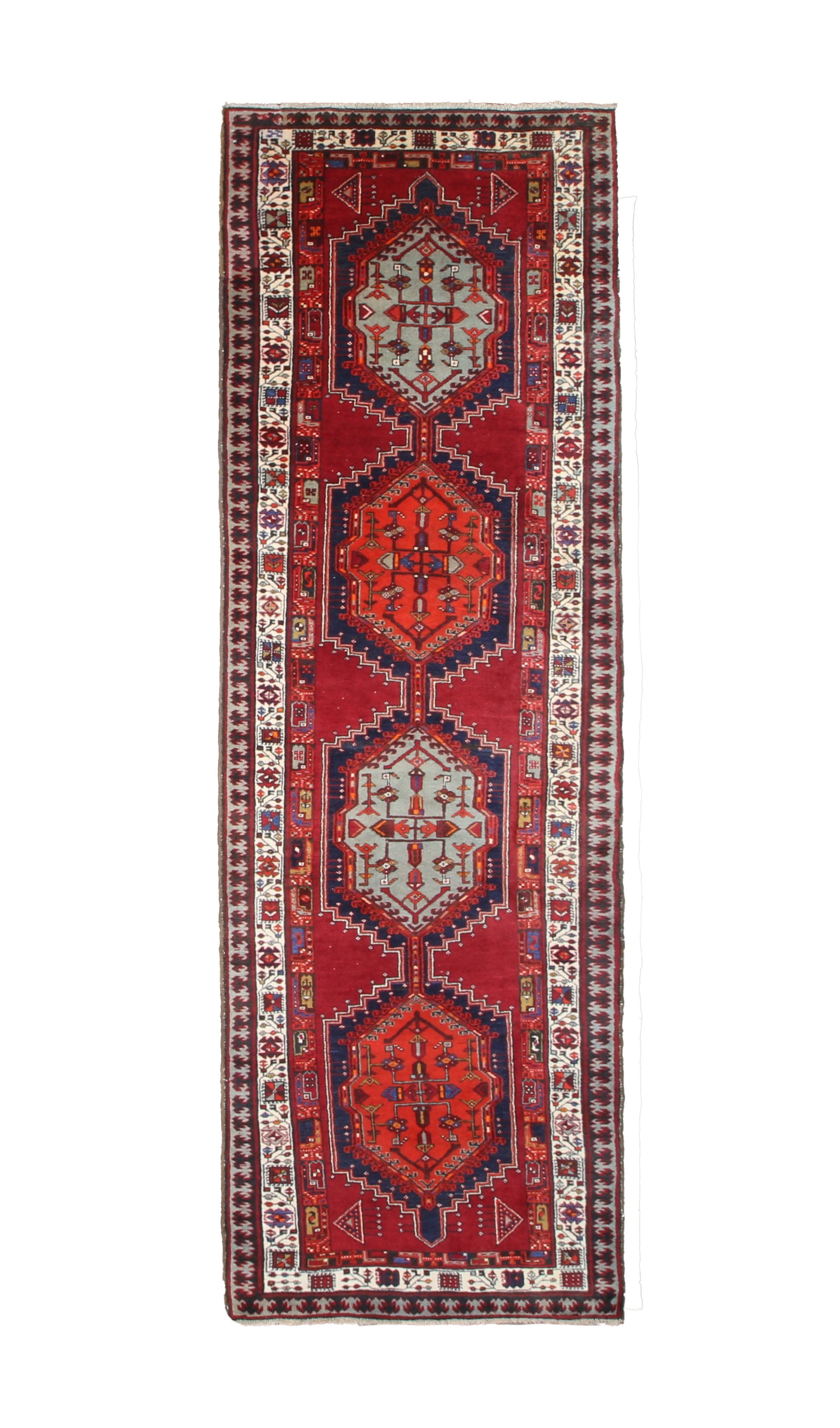Persian Sarab Runner, top view on white background, hand-knotted wool with red colouring. SKU RR 30685.