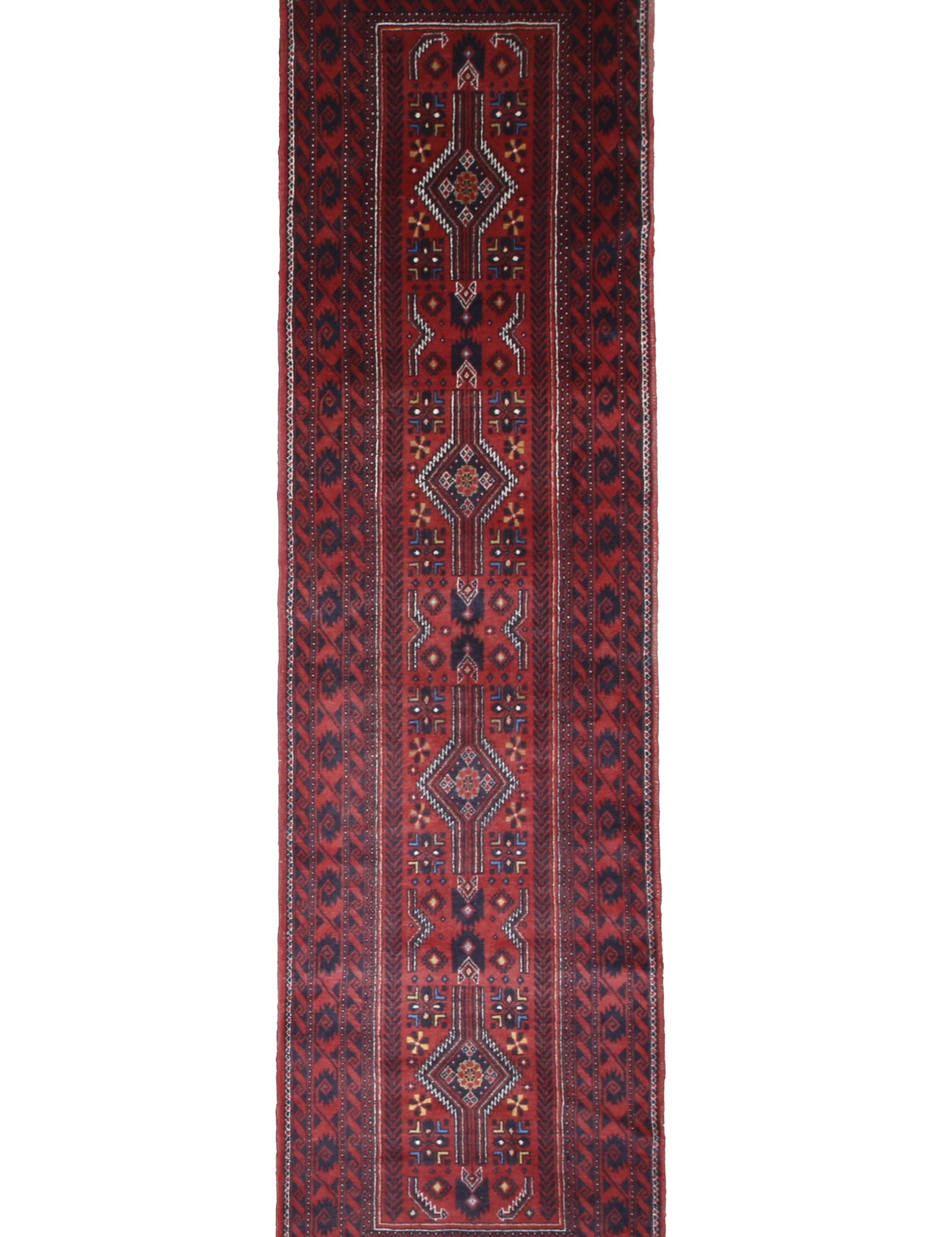 Baluch Runner, top view on white background, hand-knotted wool pile. SKU RR 30711.