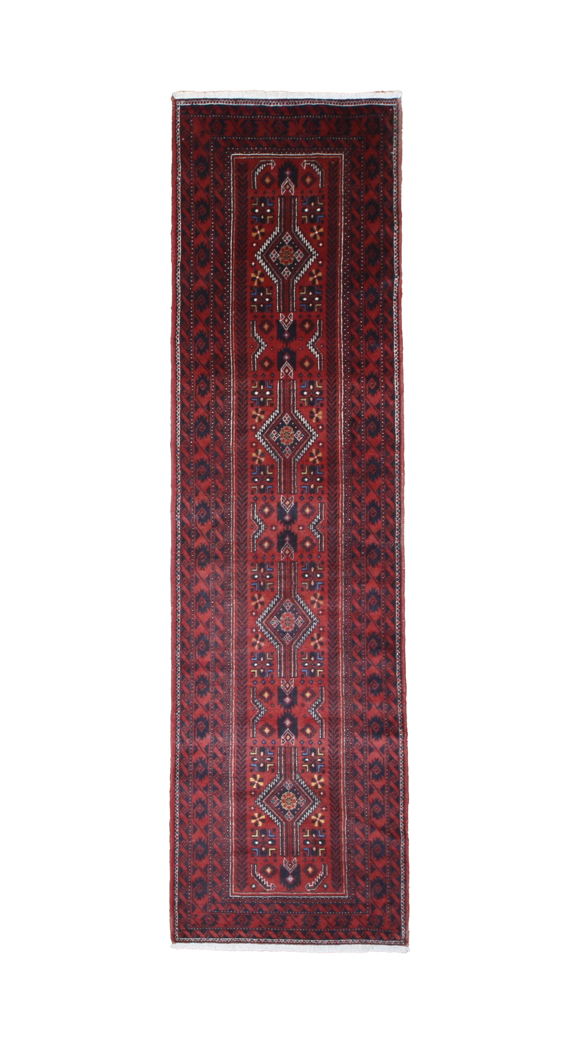 Baluch Runner, top view on white background, hand-knotted wool pile. SKU RR 30711.