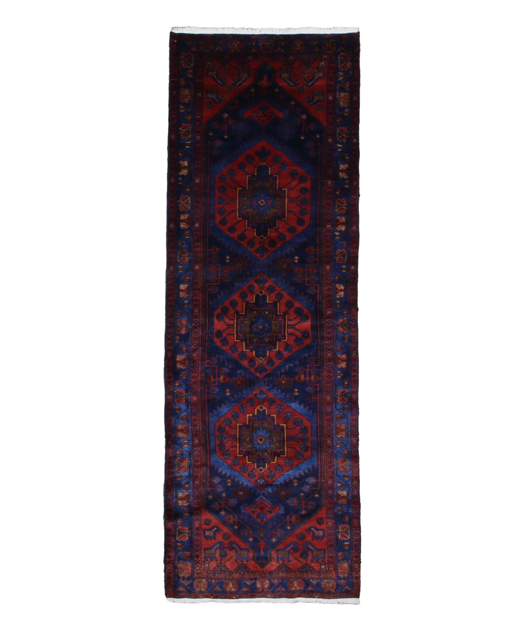 Persian Sonqor Runner, top view on white background, hand-knotted wool with red colouring. SKU RR 30722.
