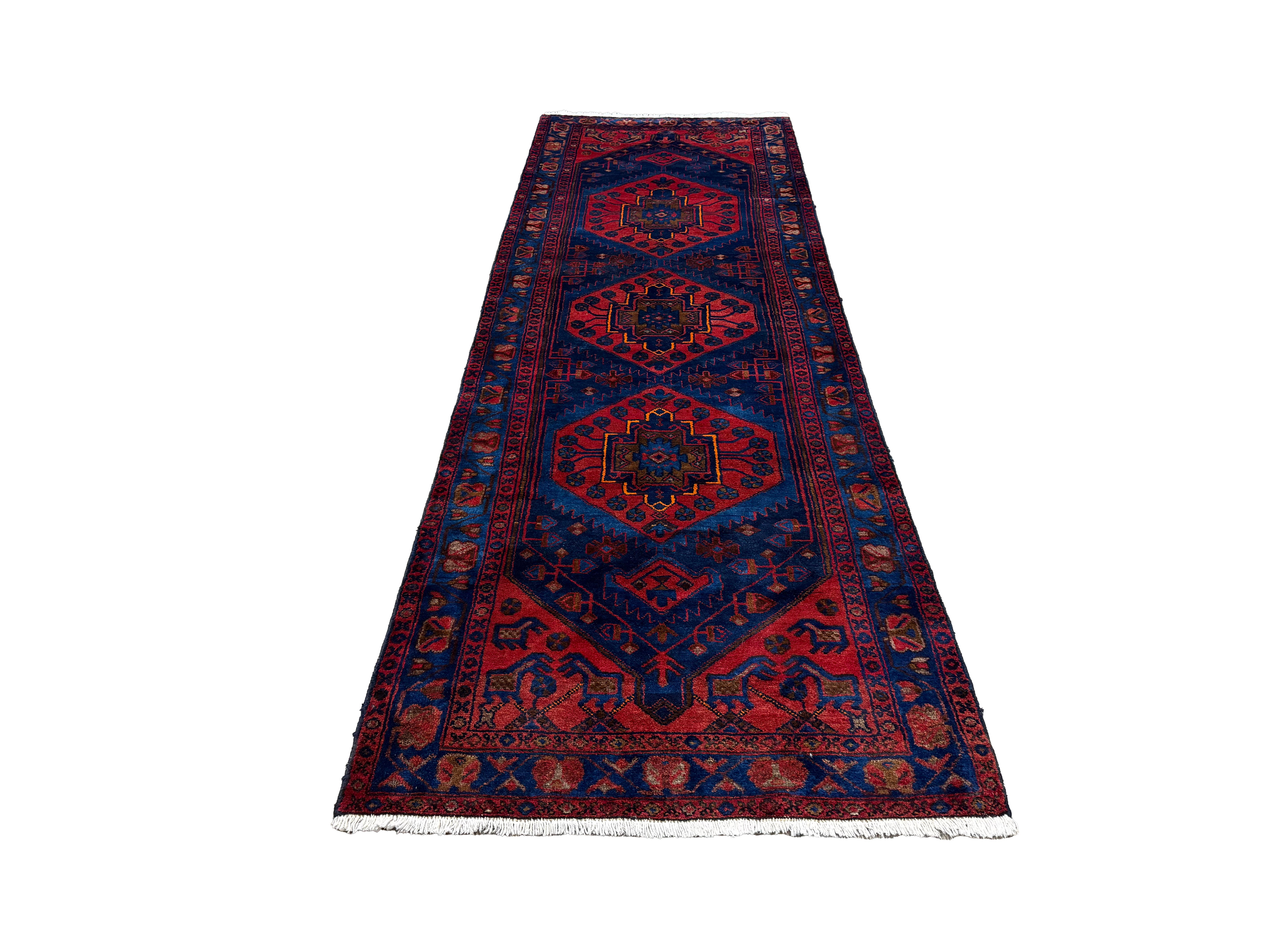 Persian Sonqor Runner, lengthwise view, hand-knotted wool with red colouring. SKU RR 30722.