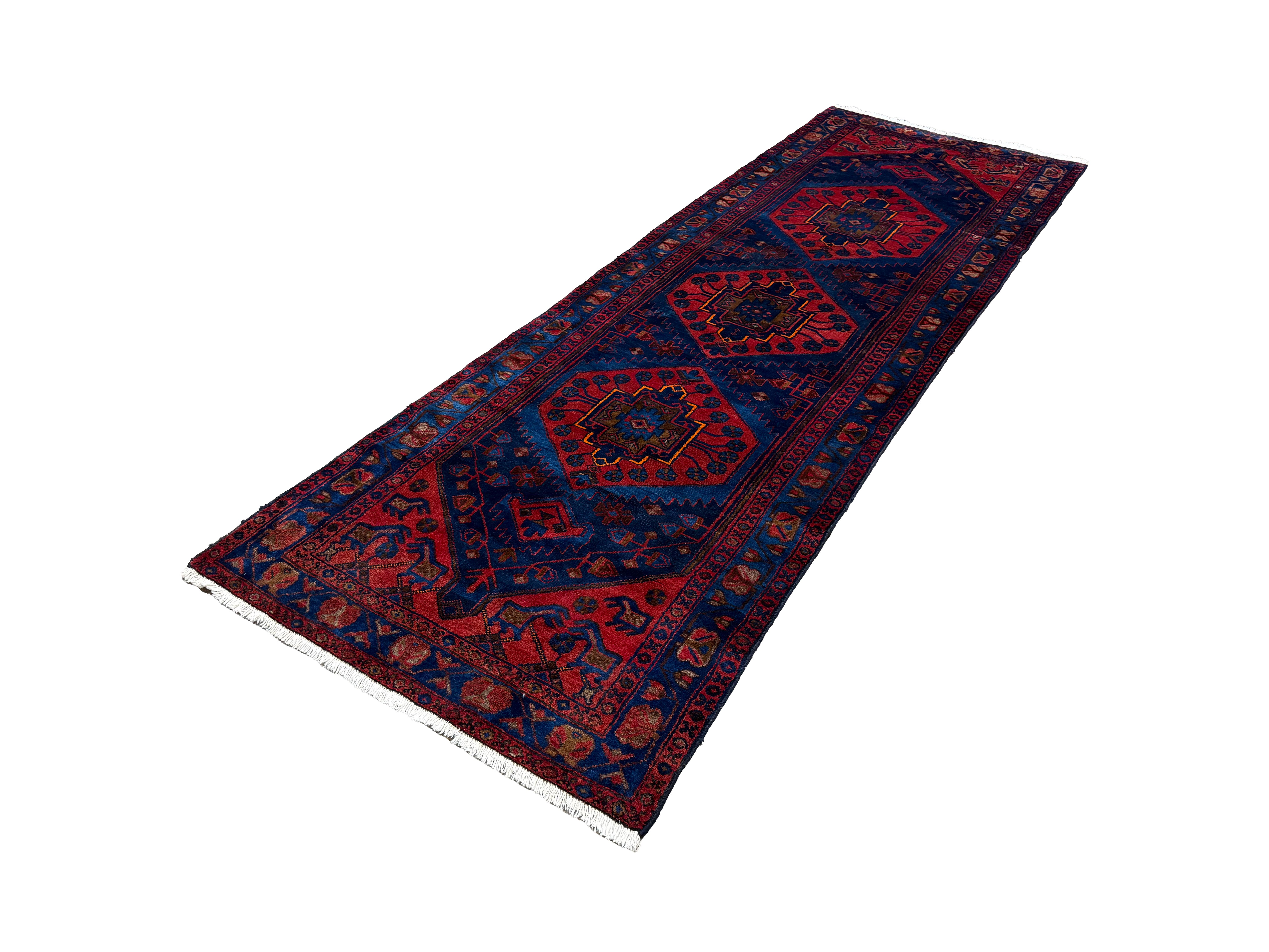 Persian Sonqor Runner, diagonal full view, hand-knotted wool with red colouring. SKU RR 30722.