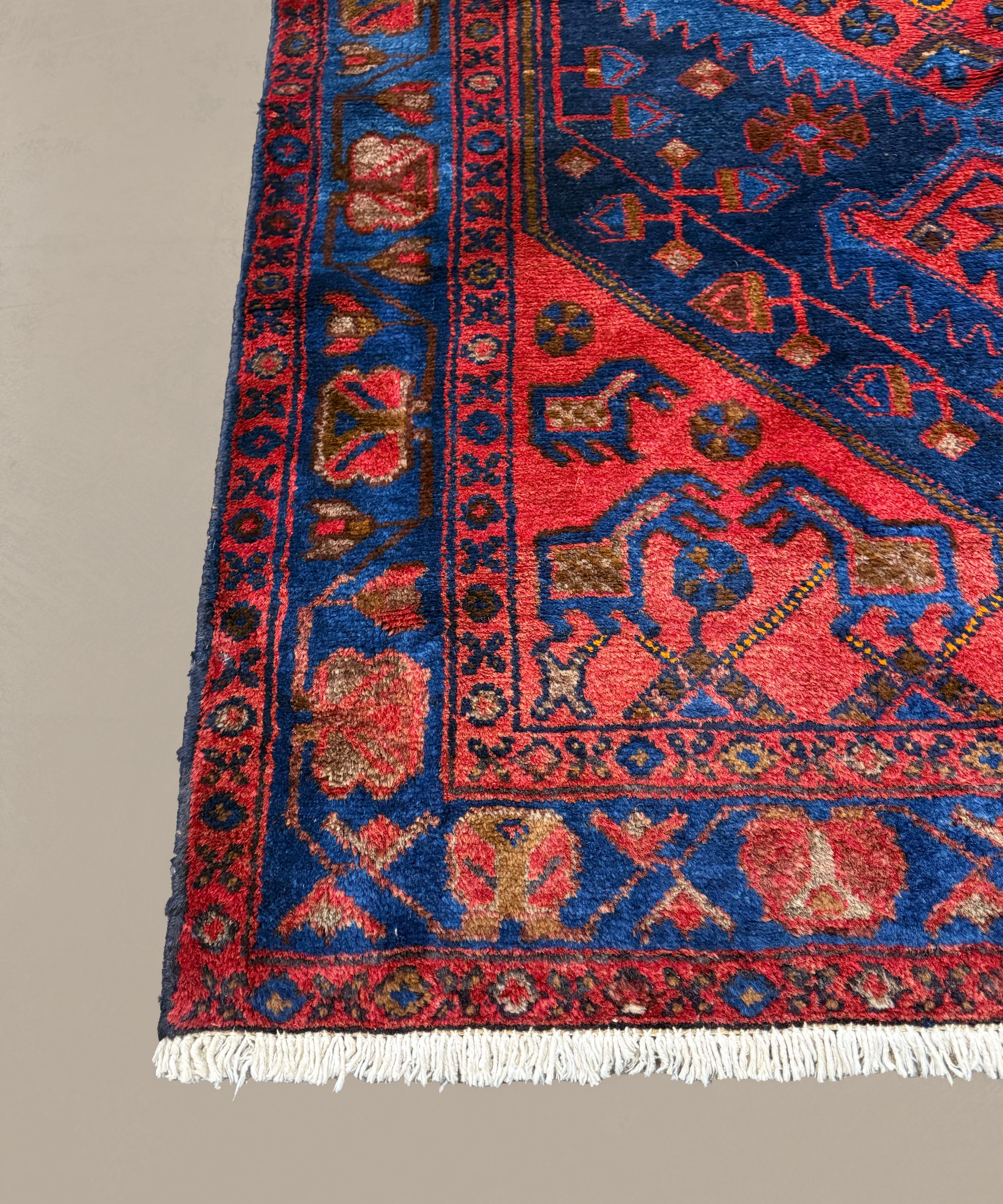 Persian Sonqor Runner, border and fringe detail, hand-knotted wool with red colouring. SKU RR 30722.