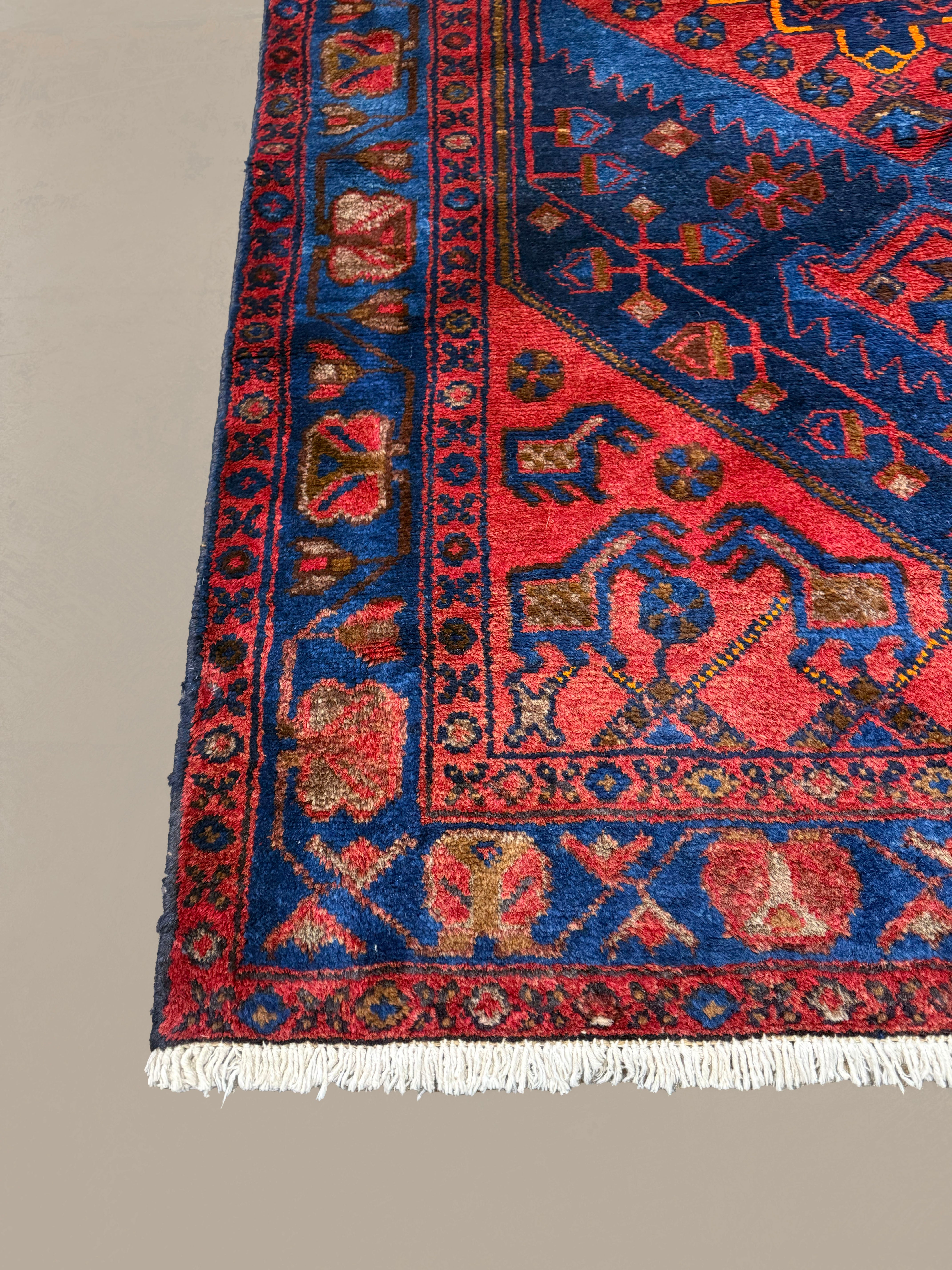 Persian Sonqor Runner, border and fringe detail, hand-knotted wool with red colouring. SKU RR 30722.