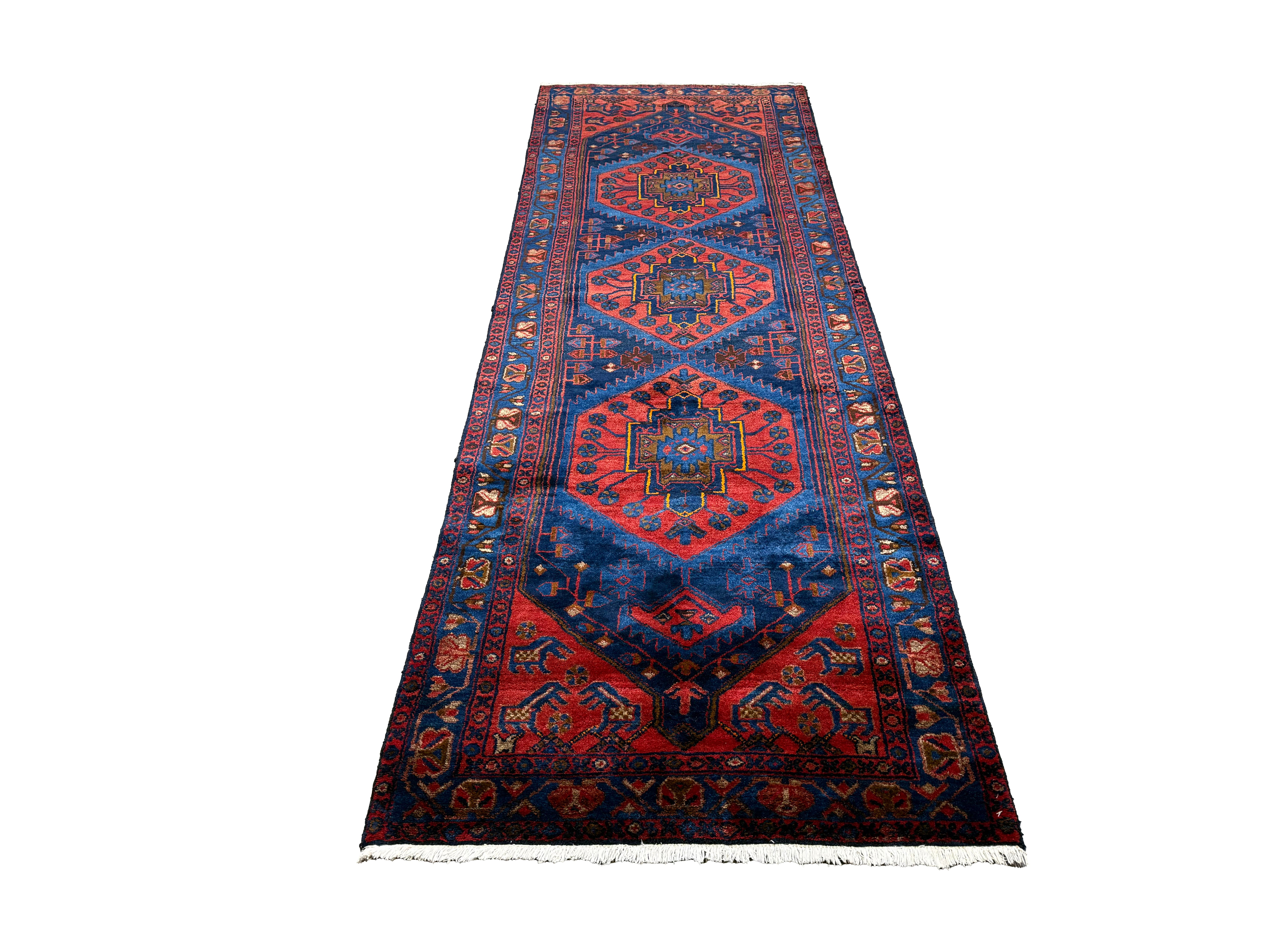 Persian Sonqor Runner, lengthwise view, hand-knotted wool with red colouring. SKU RR 30722.