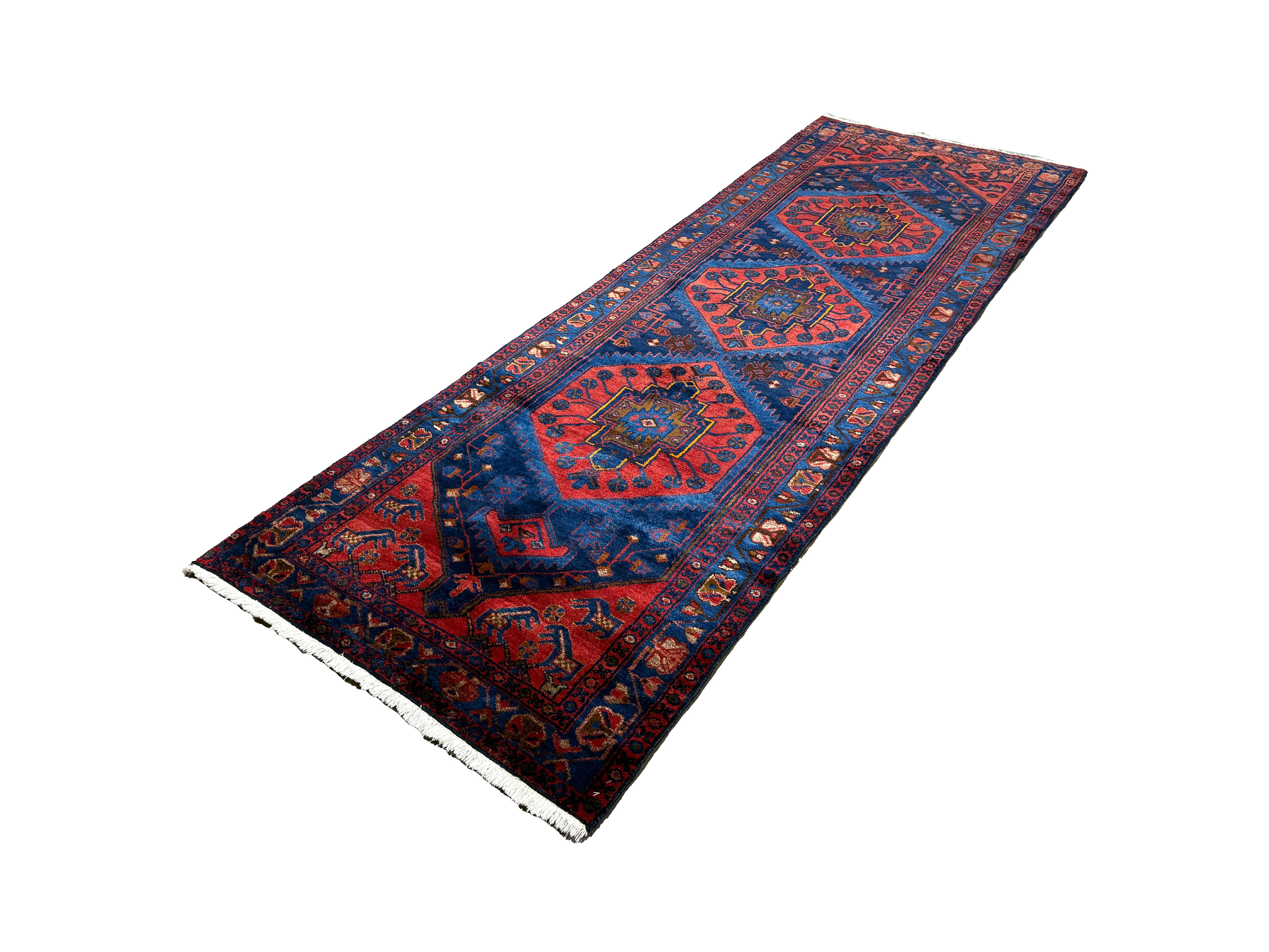 Persian Sonqor Runner, diagonal full view, hand-knotted wool with red colouring. SKU RR 30722.