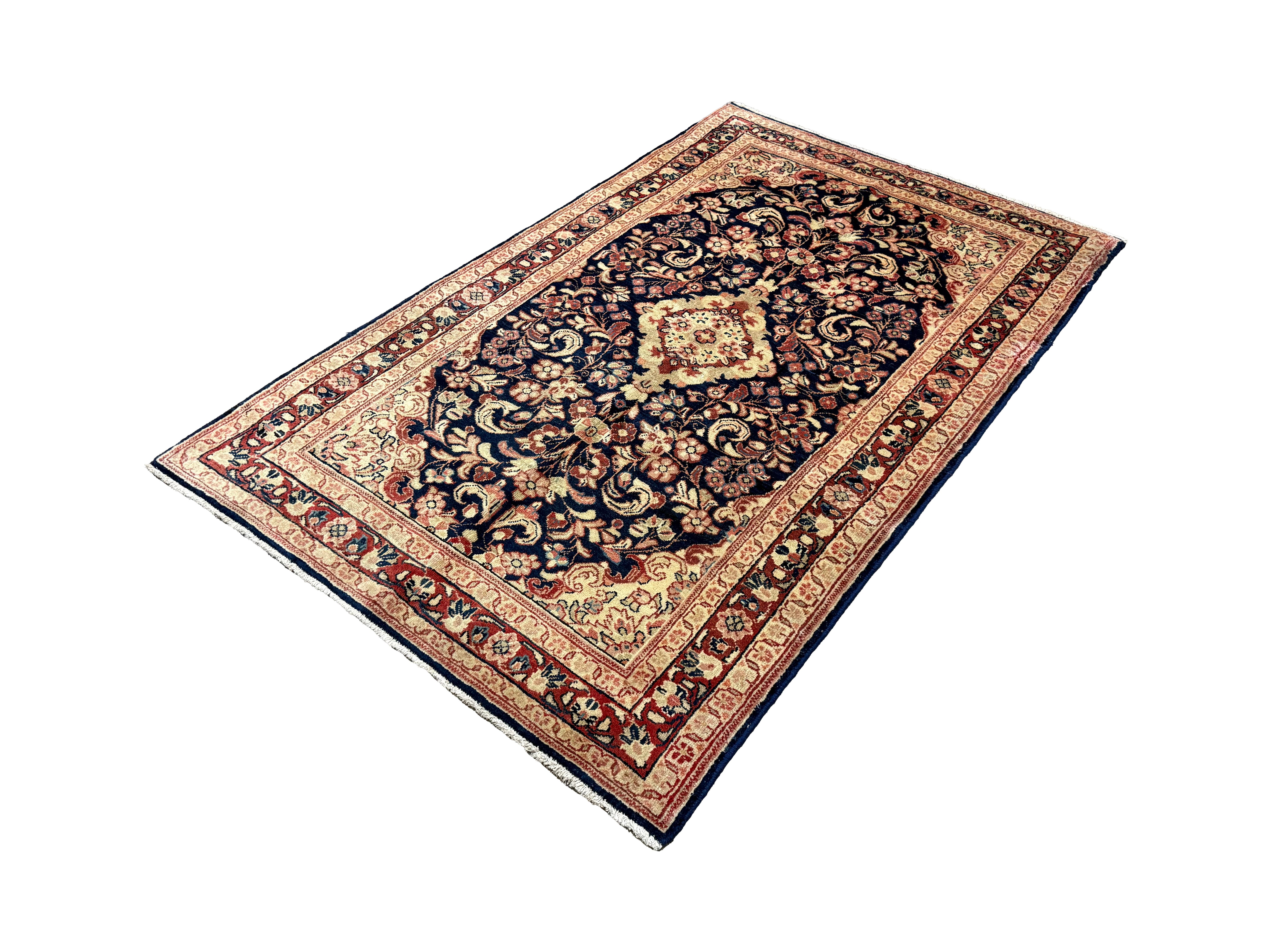 Vintage Mahallat Rug, diagonal perspective view of the complete rug, hand-knotted wool pile. SKU RR 30875.