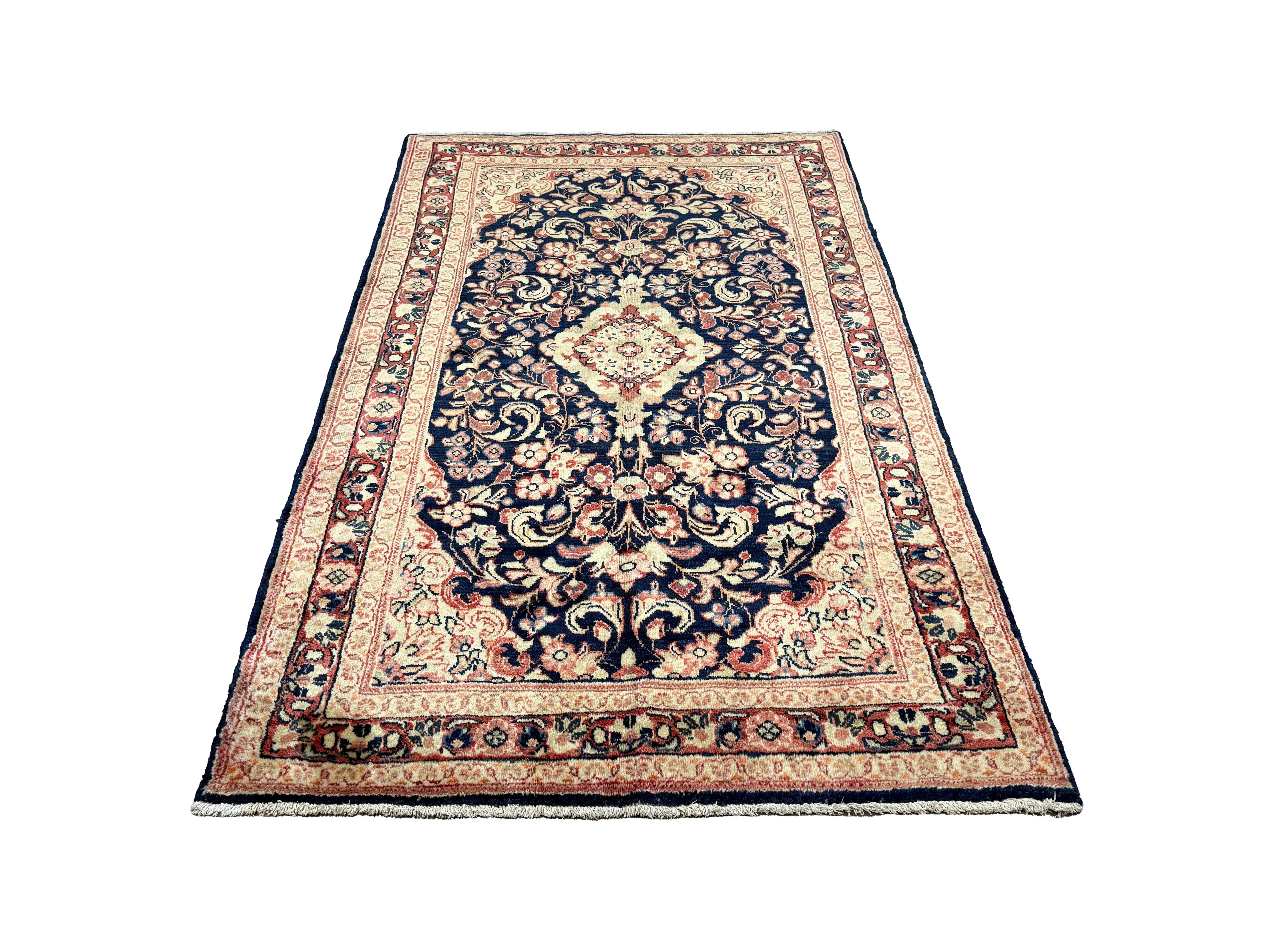 Vintage Mahallat Rug, full rug in perspective showing the patterned field and borders, hand-knotted wool pile. SKU RR 30875.
